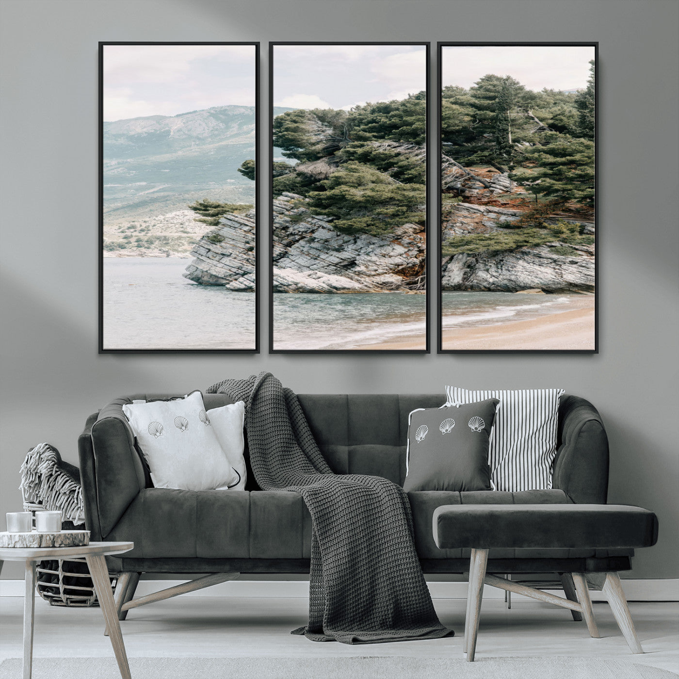 MGV-FC-48X32-3P - Coastal Rock Canvas Wall Art Print, Scenic Beach Landscape, Pine Trees on Rocky Cliff, Large Nature