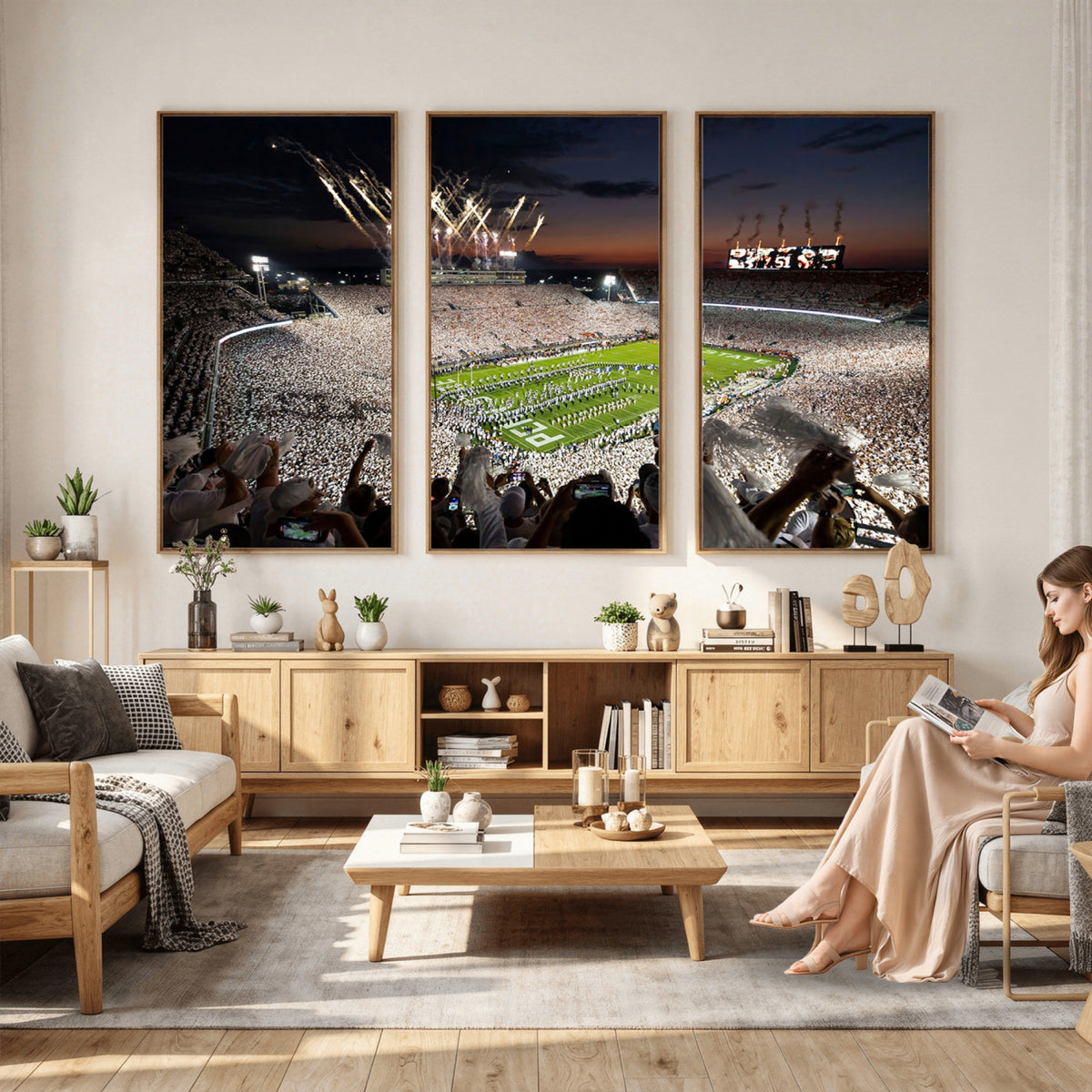 11221988-MGV-CV-36X24 - Epic Night Football Stadium Wall Art Canvas Print, Fireworks and Crowd