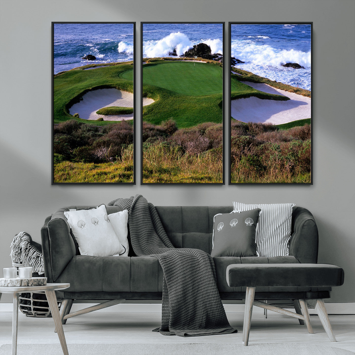 22776914-MGV-CV-36X24-Ocean Cliff Golf Green Canvas Print – Framed Majestic Coastal Scene with Lush Green Artwork for Home, Office