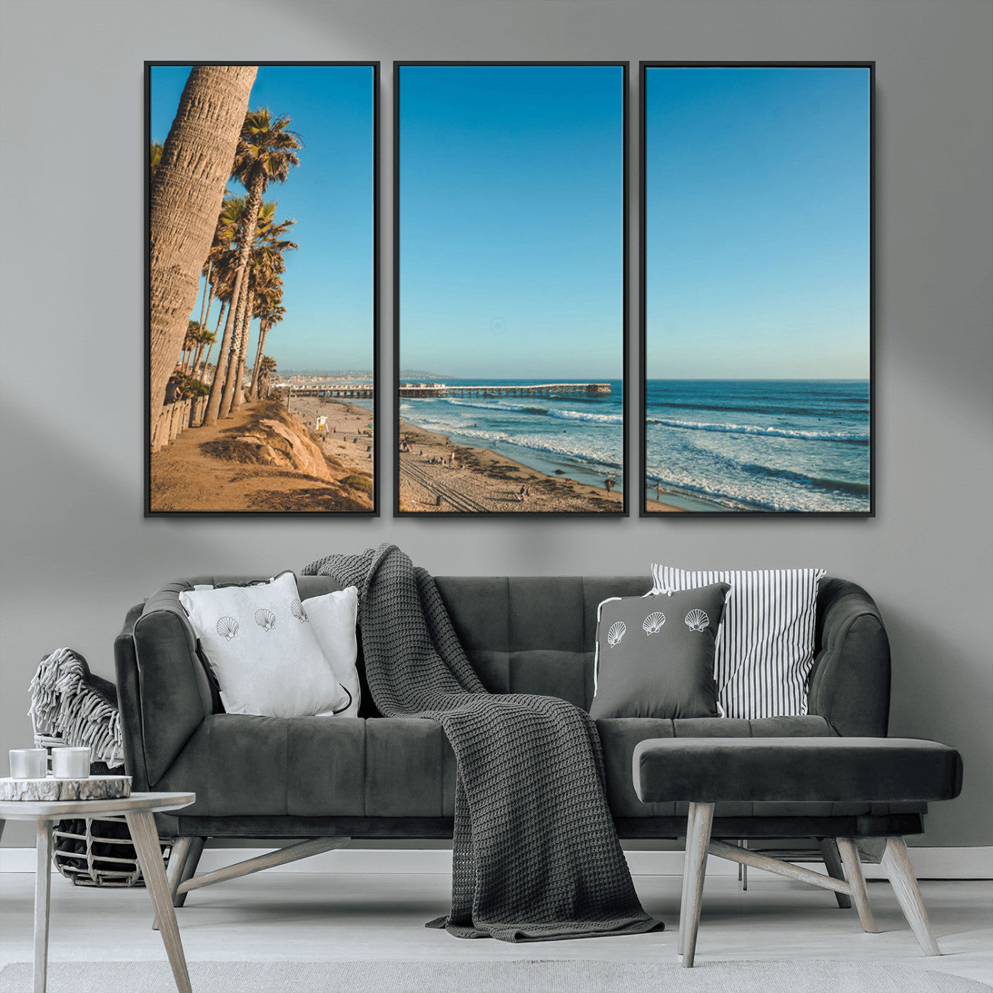 MGV-FC-48X32-3P - Scenic Beach with Tall Palm Trees, Sandy Shore, and Long Pier Stretching into the Calm Ocean Under