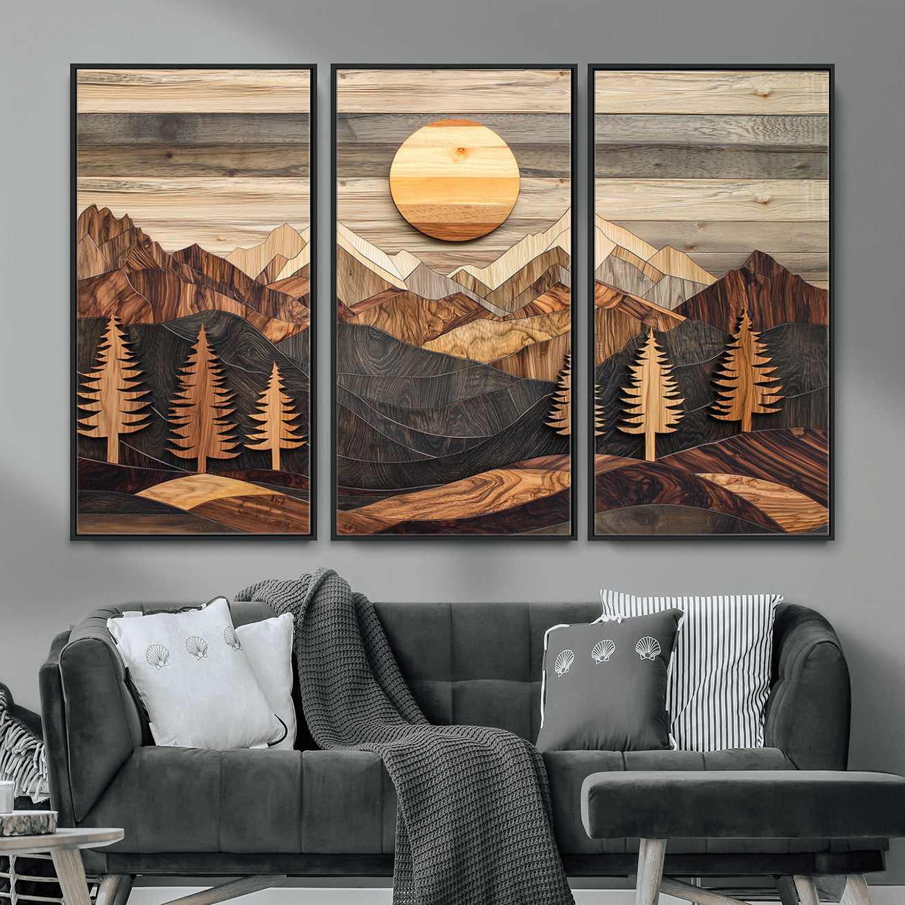 19832326-MGV-FC-48X32-3P - Wooden Mountain Landscape Layered Texture Geometric Shapes Sun Pine Trees Rustic Natural Tones Art