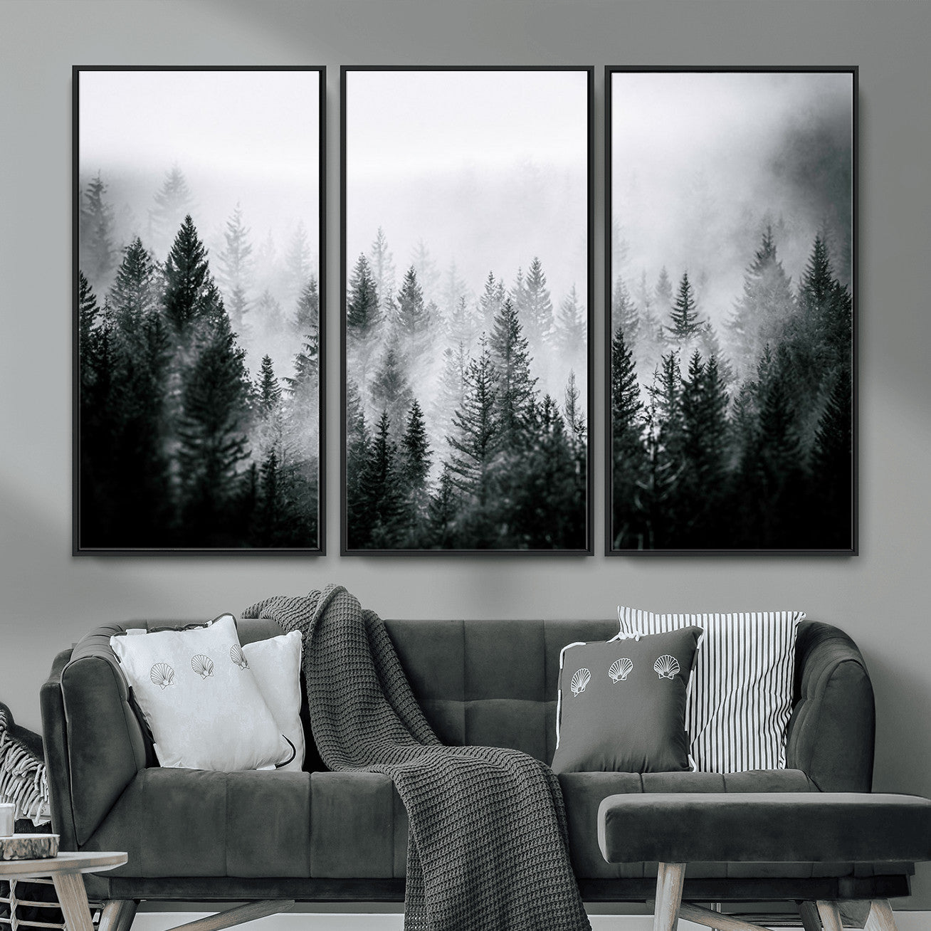 MGV-FC-48X32-3P - Foggy Pine Forest Canvas Wall Art, Horizontal Black and White Nature Landscape Print for Modern Home Decor