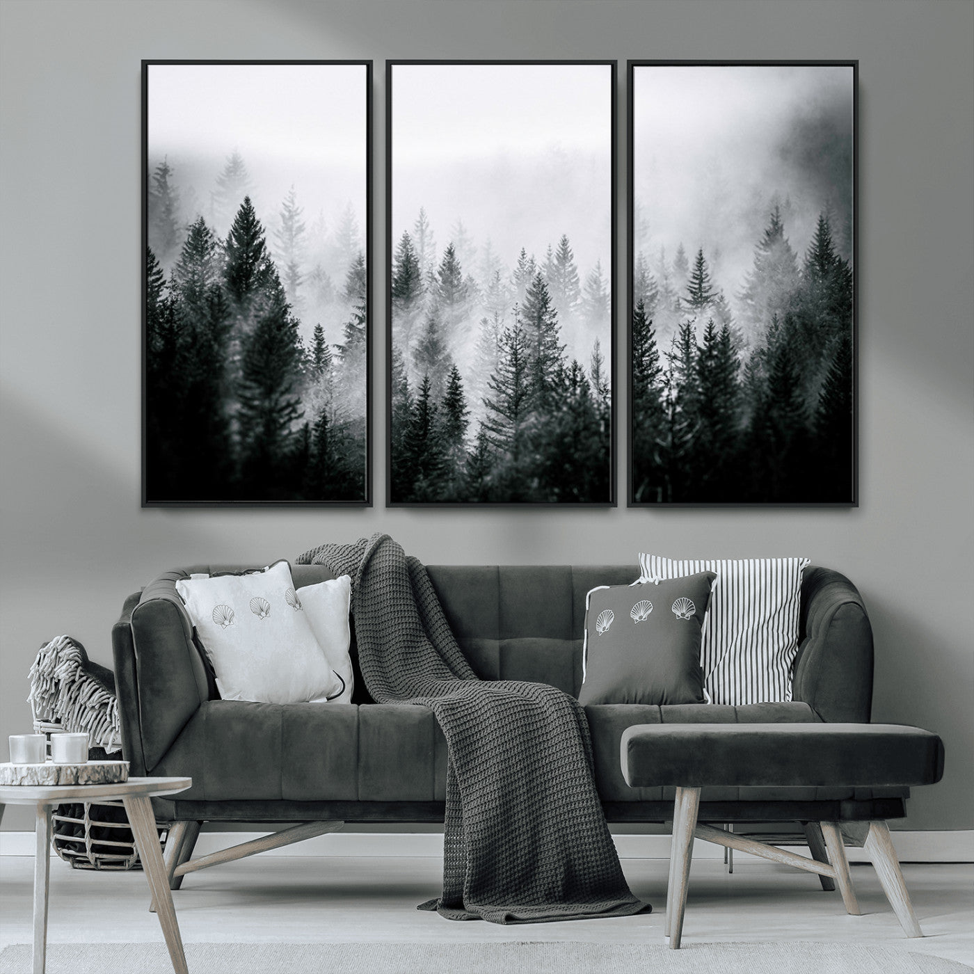 MGV-FC-48X32-3P - Foggy Pine Forest Canvas Wall Art – Black and White Nature Landscape Print, Horizontal Canvas for