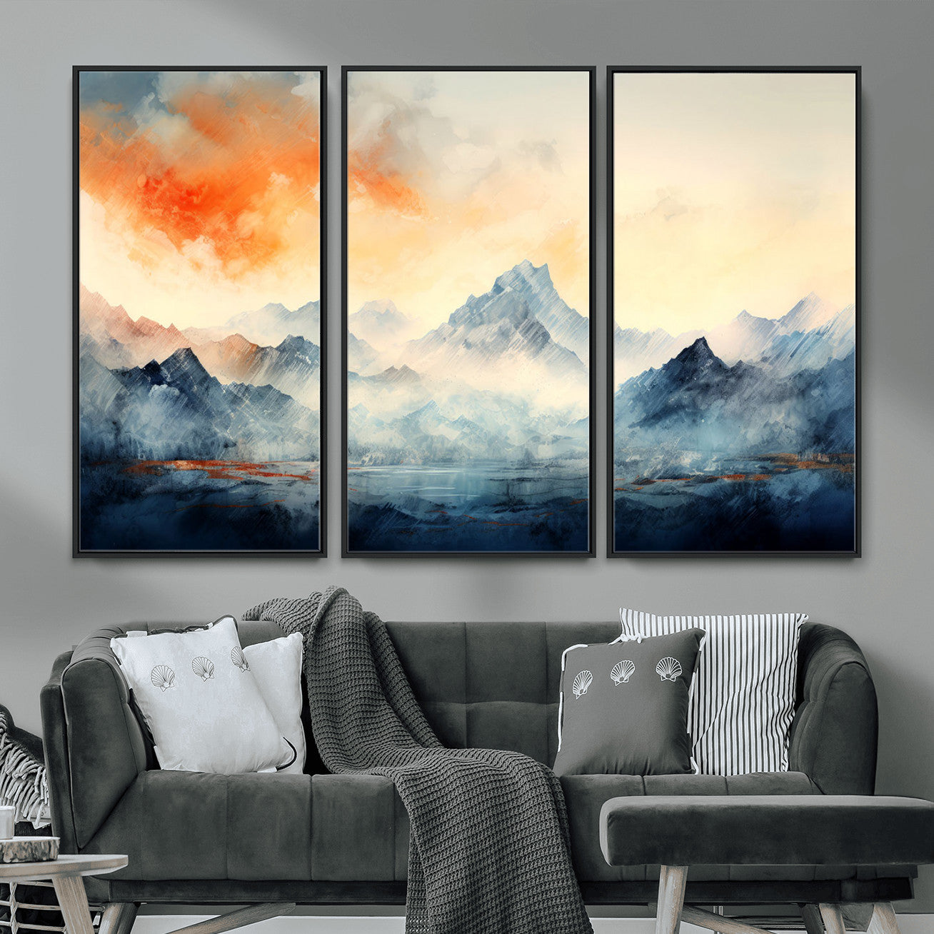 WRM1005-MGV-FC-48X32-3P - Warm Clouds Abstract Mountain Wall Art, Modern Landscape Canvas Print, Minimal Framed Artwork for Home, Office