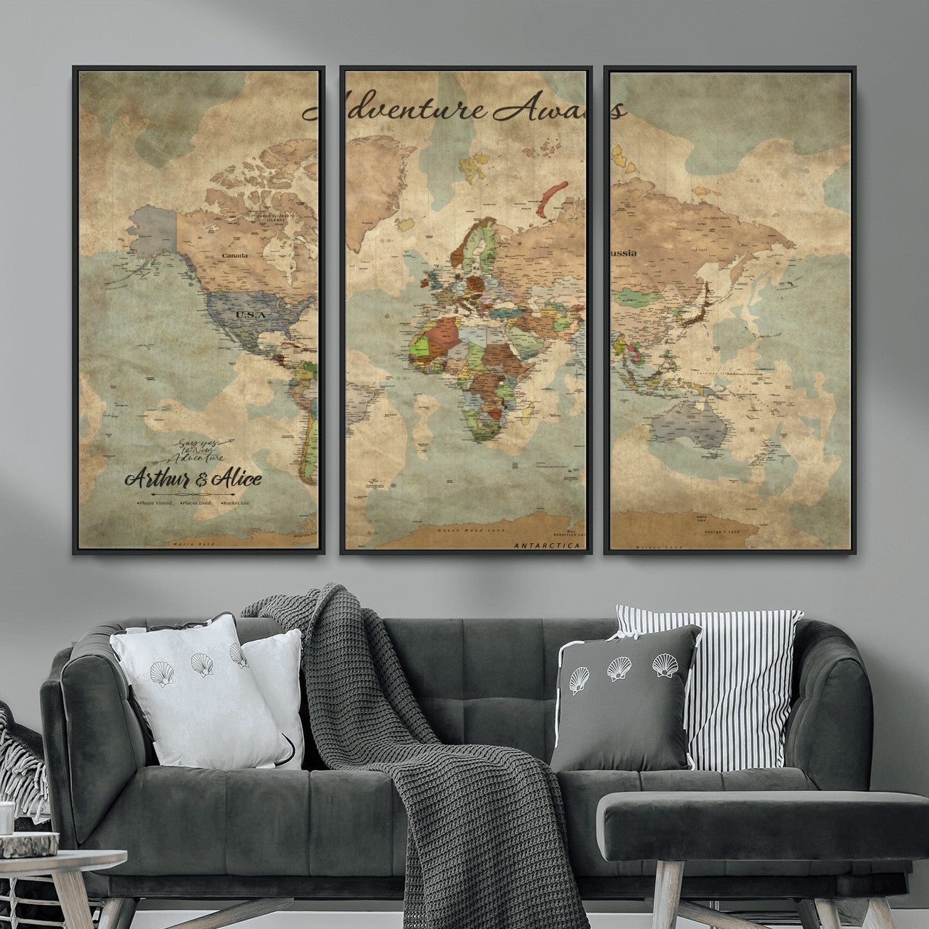 MGV-FC-48X32-3P - Personalized World Map Wall Art Canvas Print – Custom Push Pin Travel Map for Couples, Families, or Office Décor