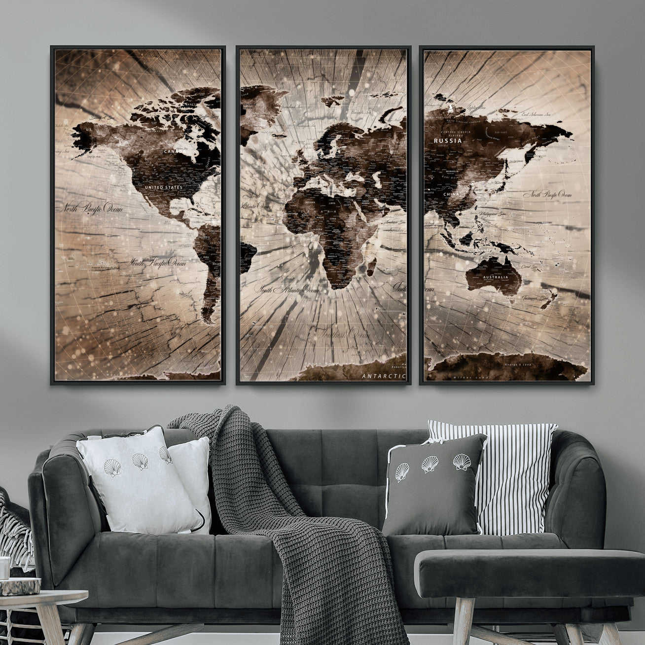 35326624-MGV-FC-48X32-3P - World Map Wall Art Canvas Print, Modern Decorative Framed Map Artwork Prints for Living Room, Office, Bedroom Wall Decor