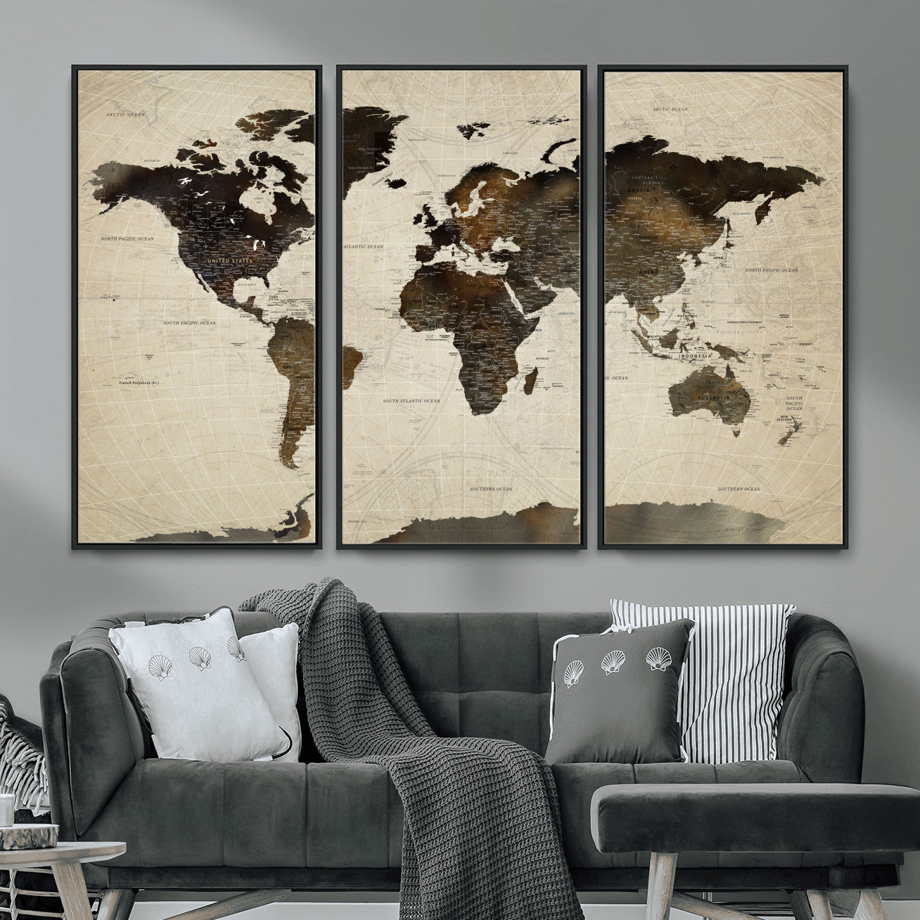 81771296-MGV-FC-48X32-3P - World Map Wall Art Canvas Print, Modern Decorative Framed Map Artwork Prints for Living Room, Office, Bedroom Wall Decor