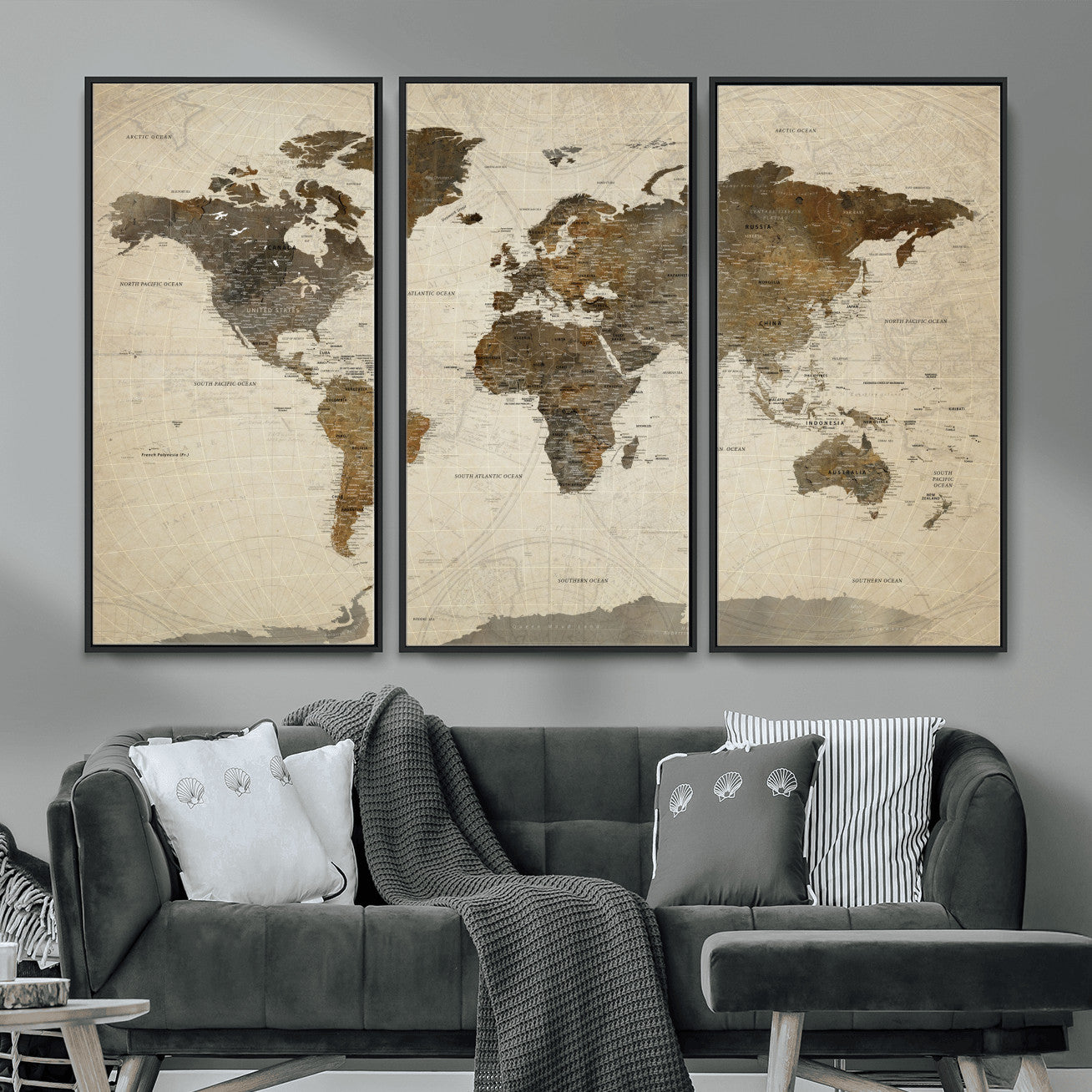 91849163-MGV-FC-48X32-3P - World Map Wall Art Canvas Print, Modern Decorative Framed Map Artwork Prints for Living Room, Office, Bedroom Wall Decor