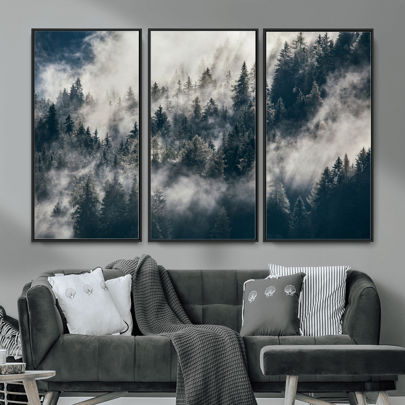270372951-MGV-FC-48X32-3P - Misty Pine Forest Canvas Wall Art – Dark Forest Mountaing and Nature Landscape Print, Horizontal Canvas Print