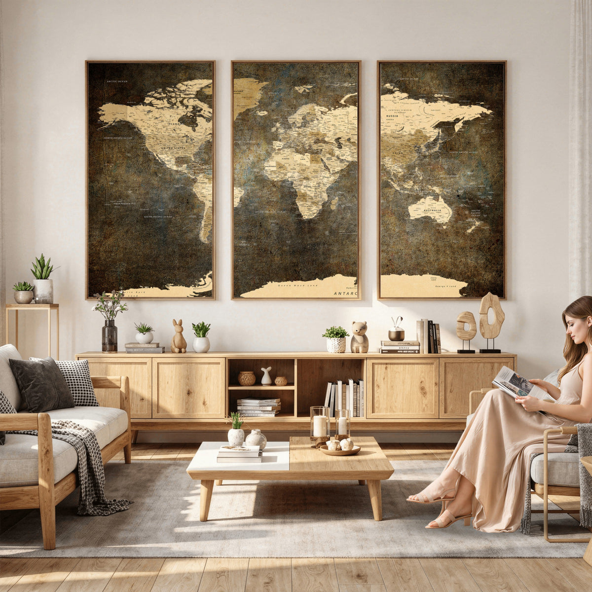 89742472-MGV-CV-36X24 - Large Framed Vintage World Map Wall Art Print for Home Wall
