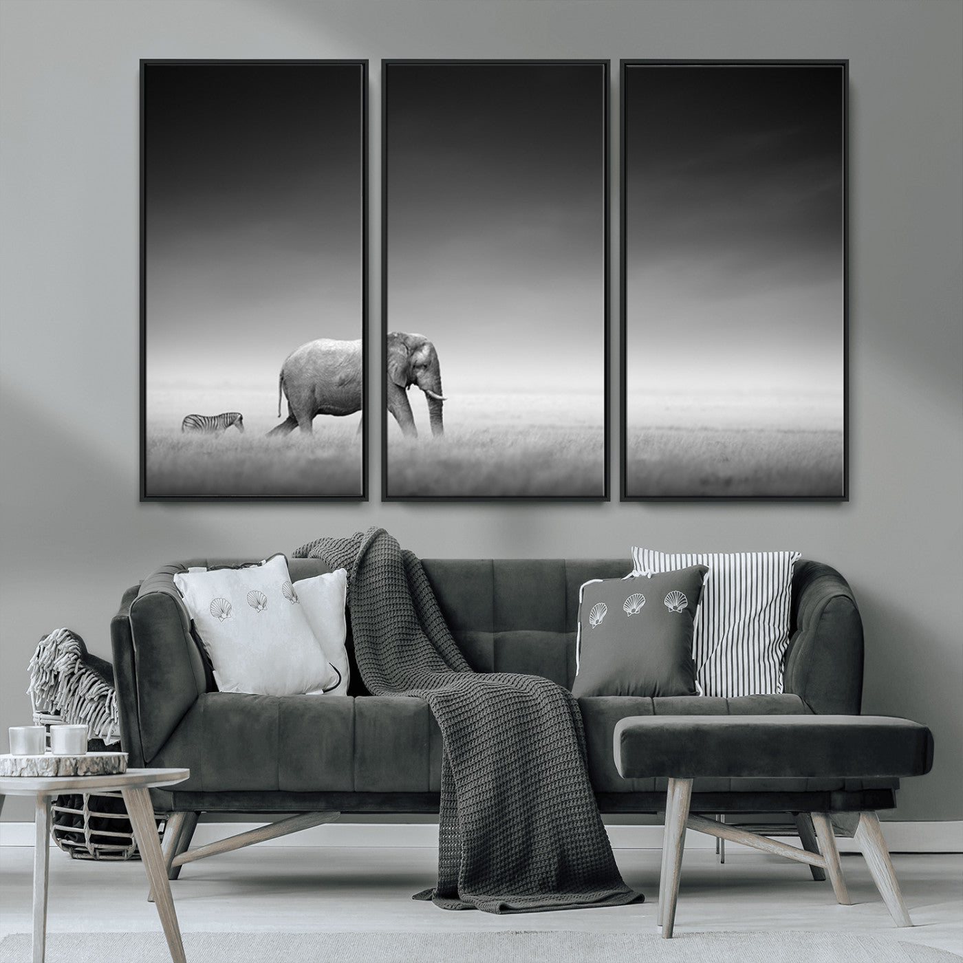 MGV-FC-48X32-3P - Elephand and Zebra Wall Art Canvas Print, Modern Artwork