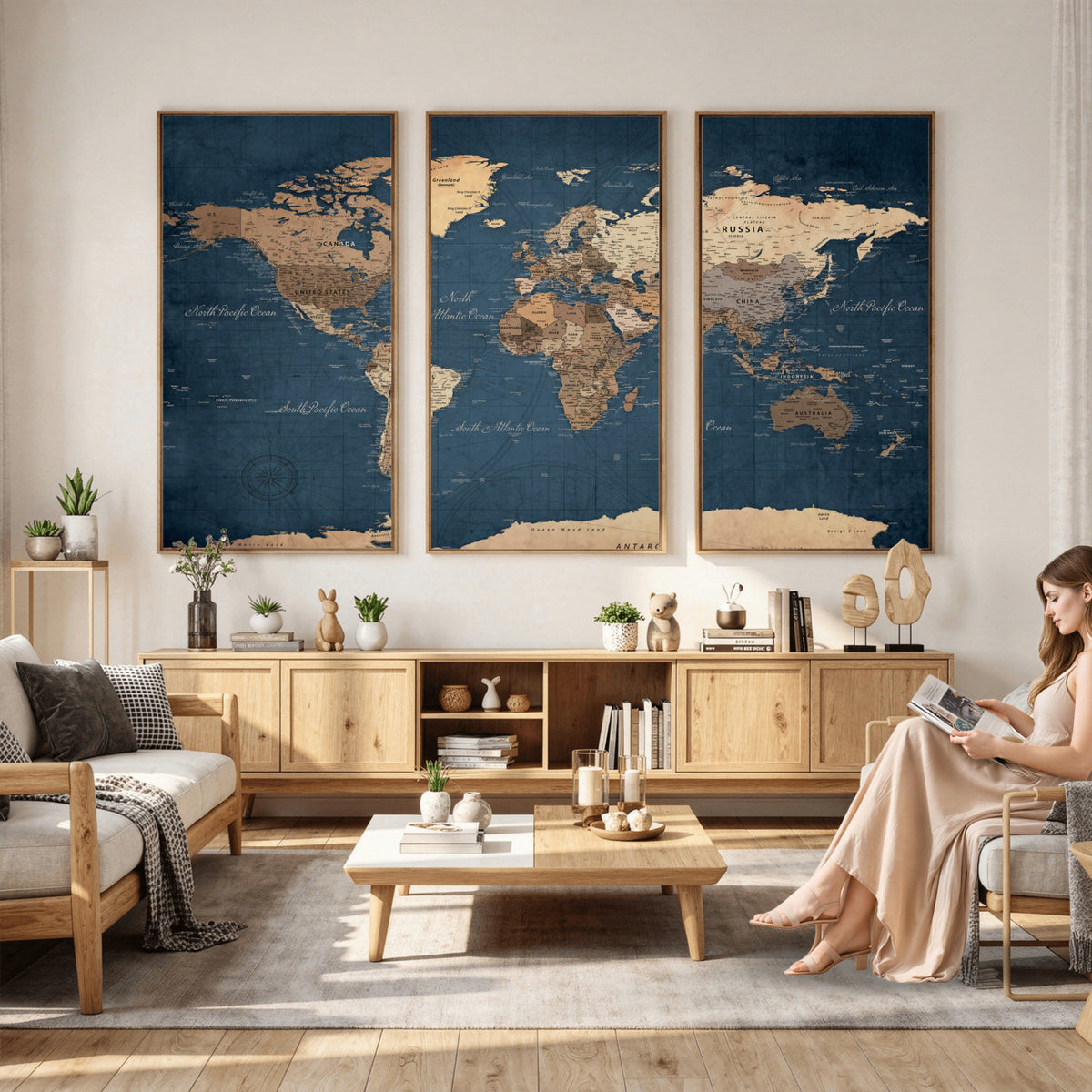 69886352-MGV-CV-36X24 - World Map Wall Art Canvas Print, Modern Decorative Framed Map Artwork Prints for Living Room, Office, Bedroom Wall Decor