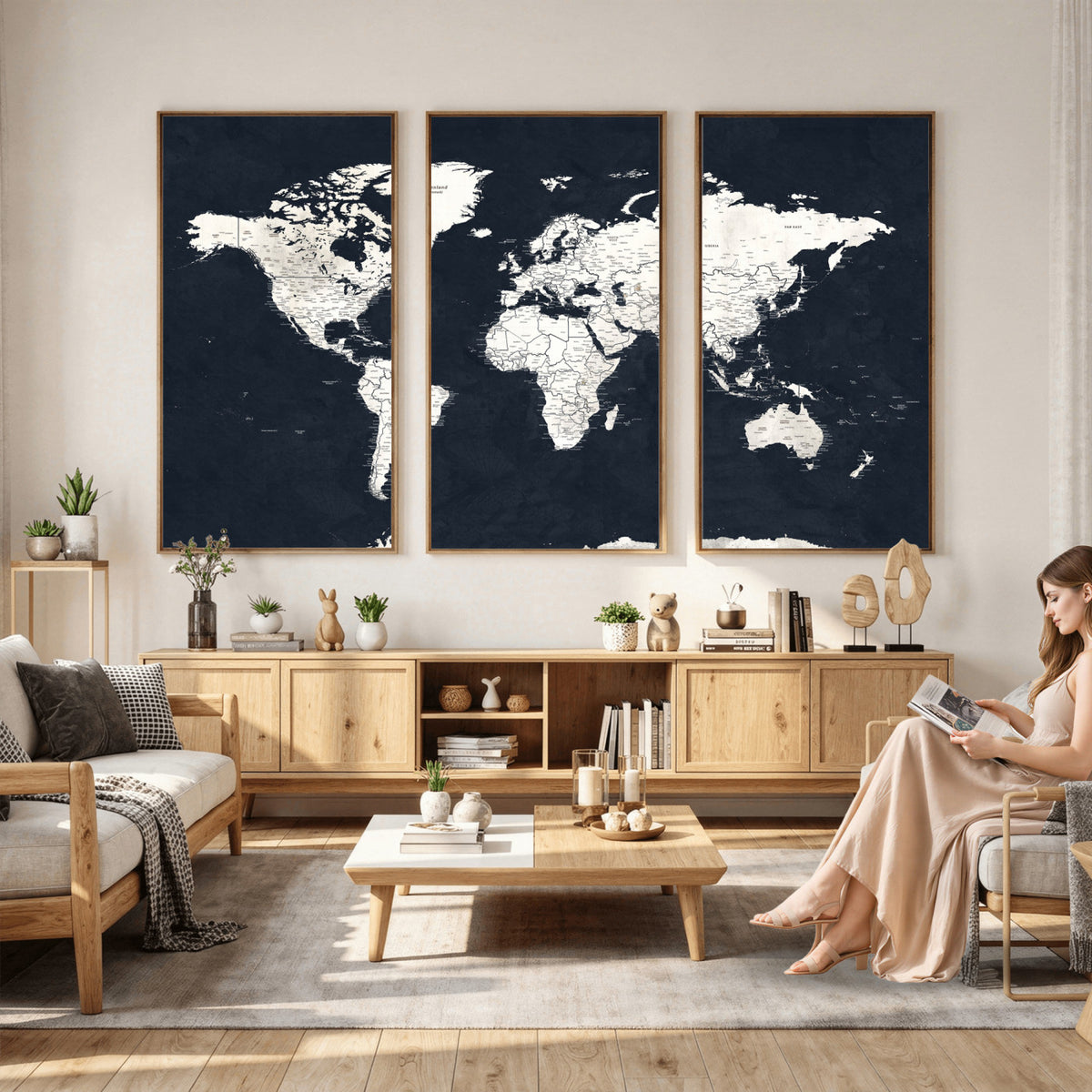 11963807-MGV-CV-36X24 - Black World Map Wall Art Canvas Print for Home Office and Meeting Room Decor