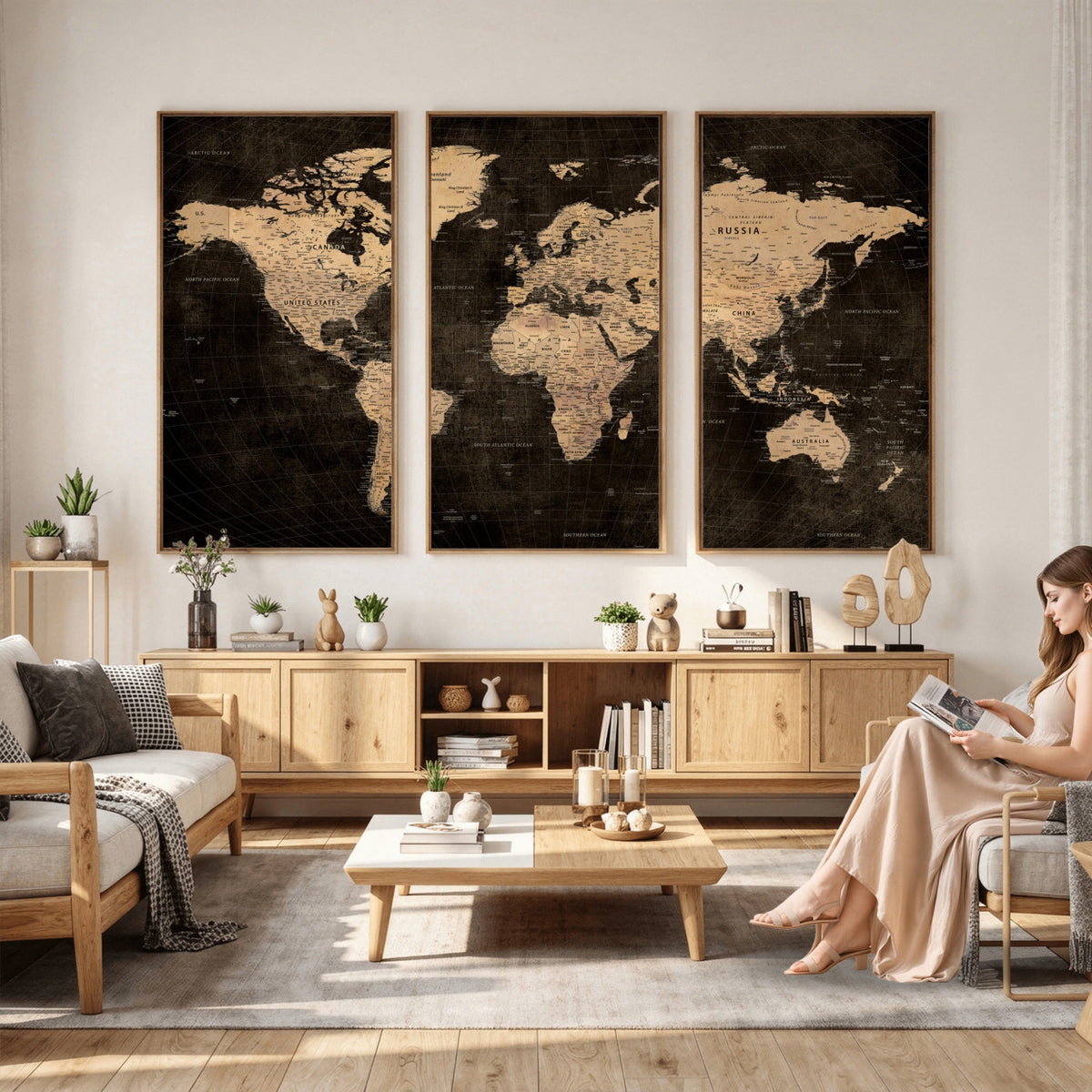 15118265-MGV-CV-36X24 - Brown World Map Canvas Print | Modern Travel Map Wall Art