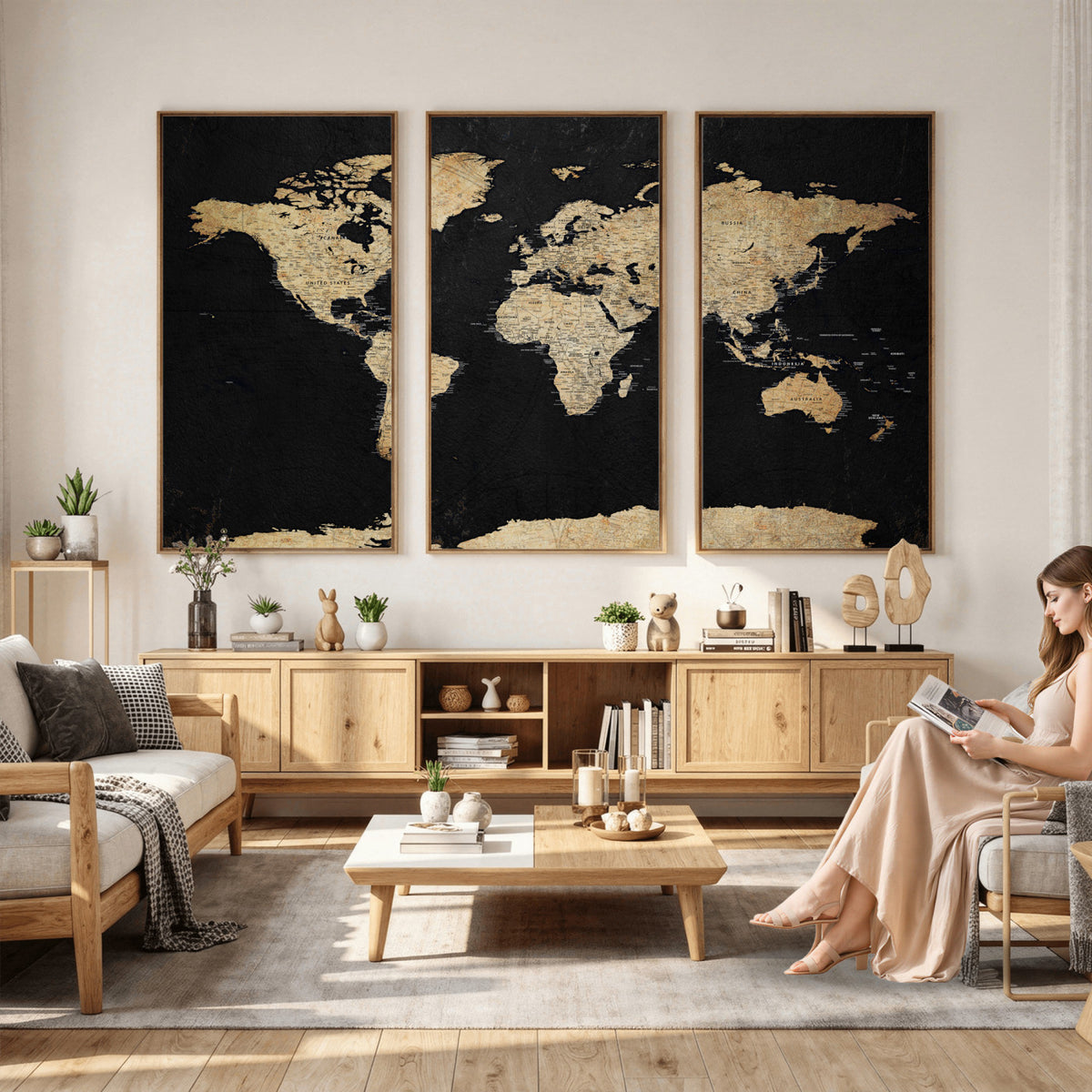 71518849-MGV-CV-36X24 - Beige World Map Canvas Wall Art Print, Minimal Black and