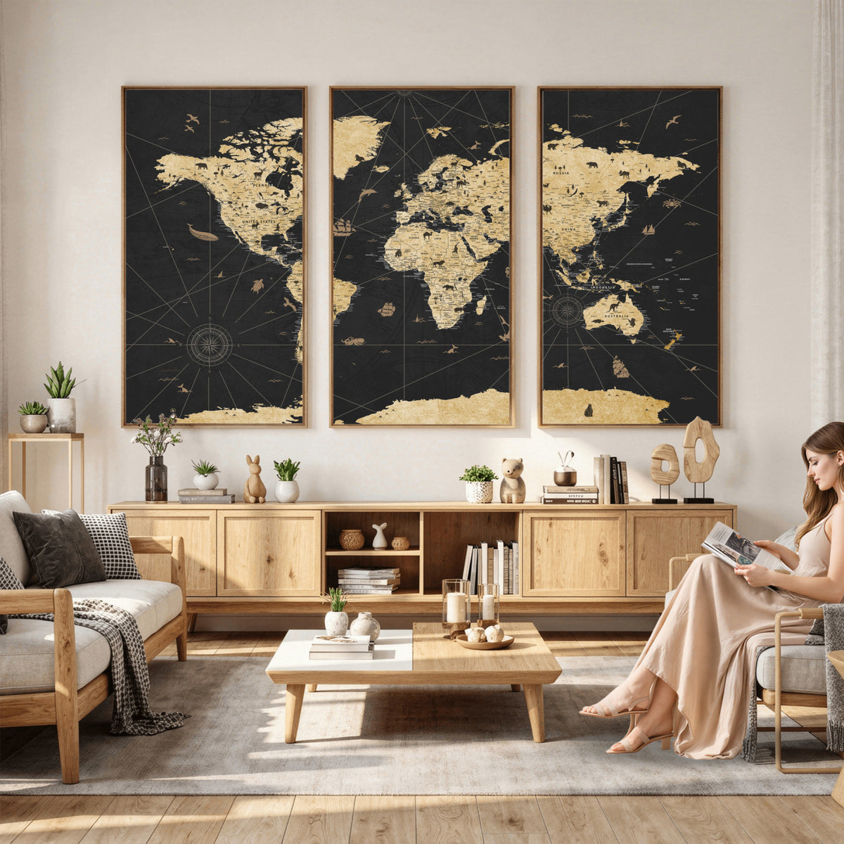 80270976-MGV-CV-36X24 - World Map Wall Art Canvas Print, Modern Decorative Framed Map Artwork Prints for Living Room, Office, Bedroom Wall Decor