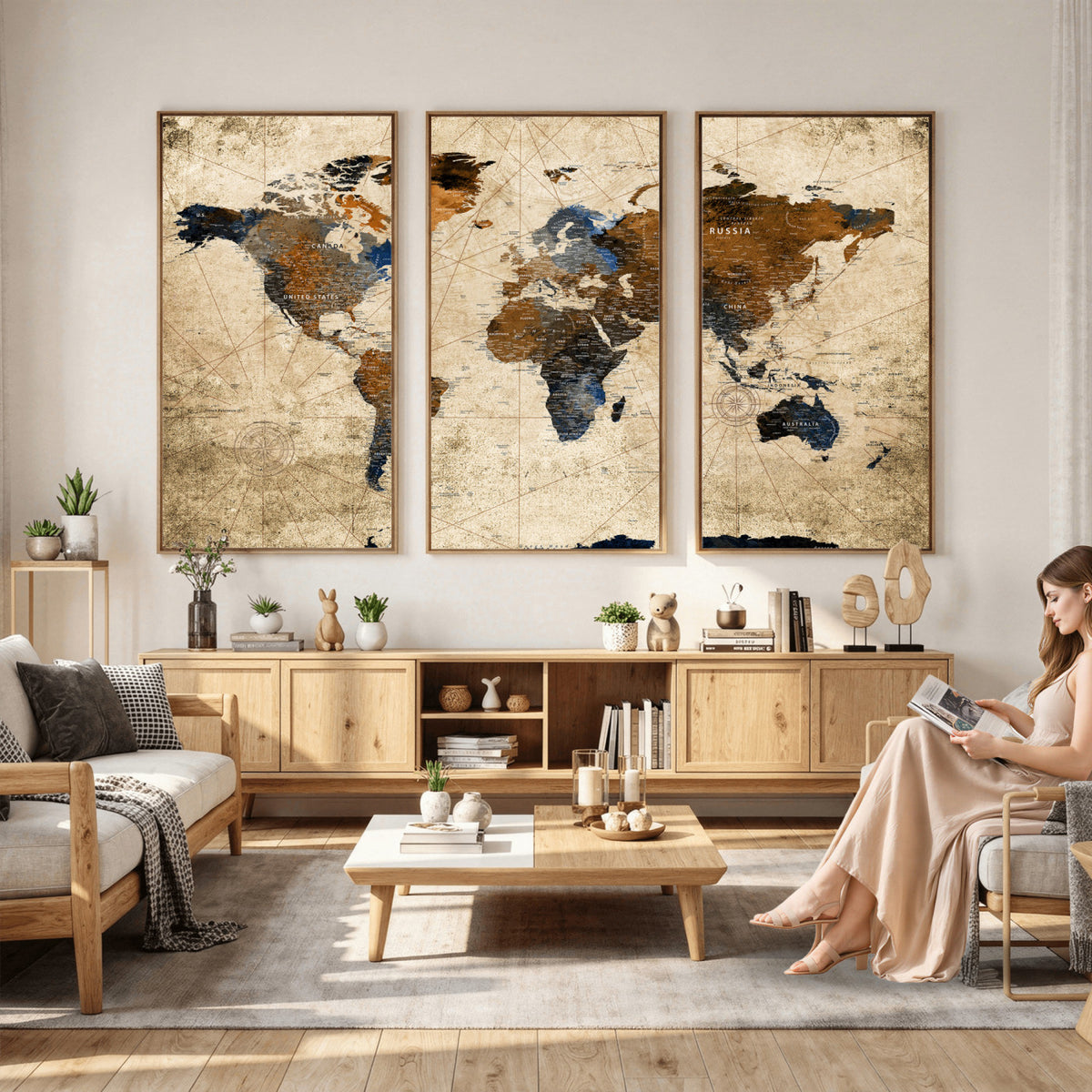 27163414-MGV-CV-36X24 - World Map Wall Art – Rustic Earth Tone Canvas Print, Antique
