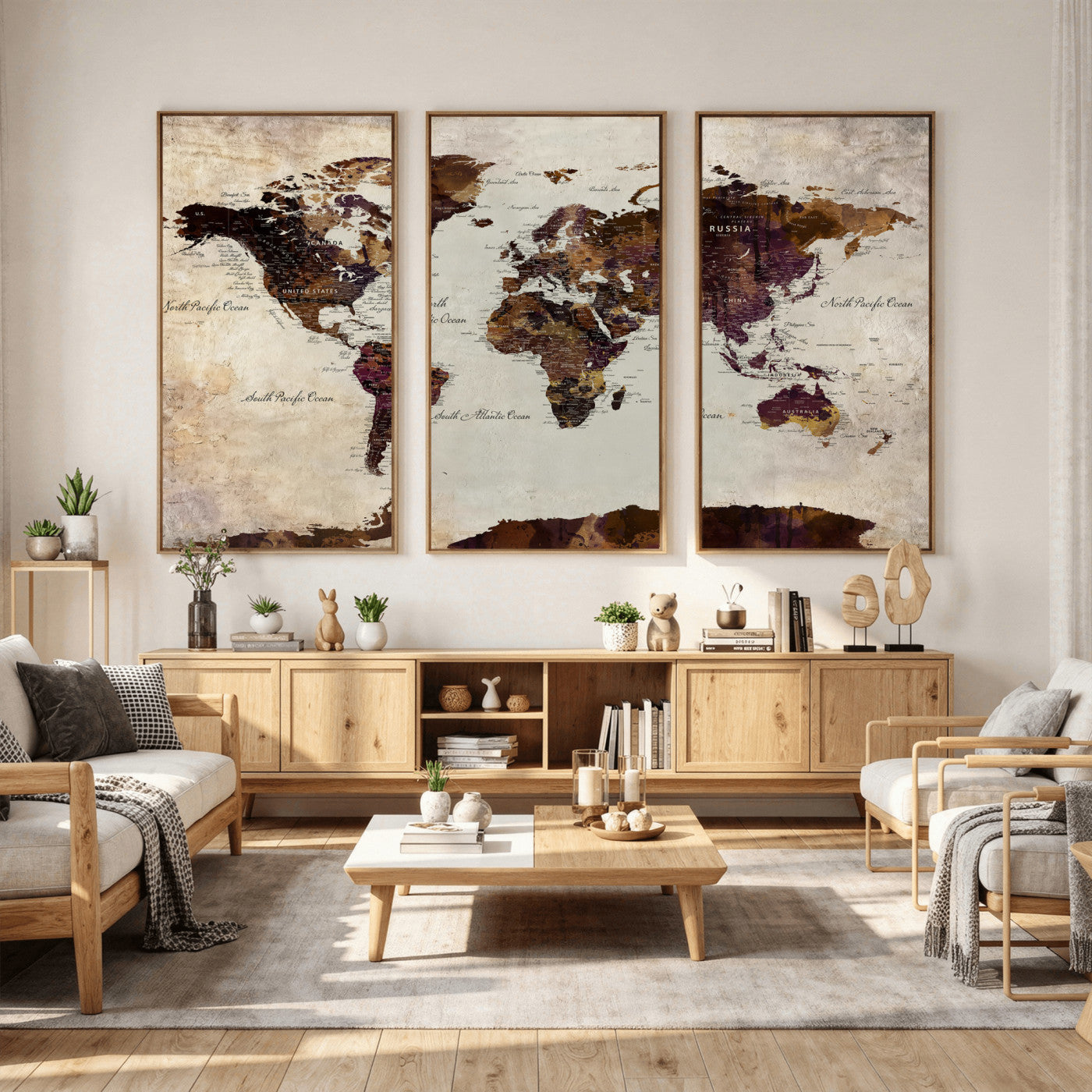 50611123-MGV-CV-36X24 - World Map Canvas Triptych – Colorful Global Wall Art for Living Rooms, Offices, and Study Spaces