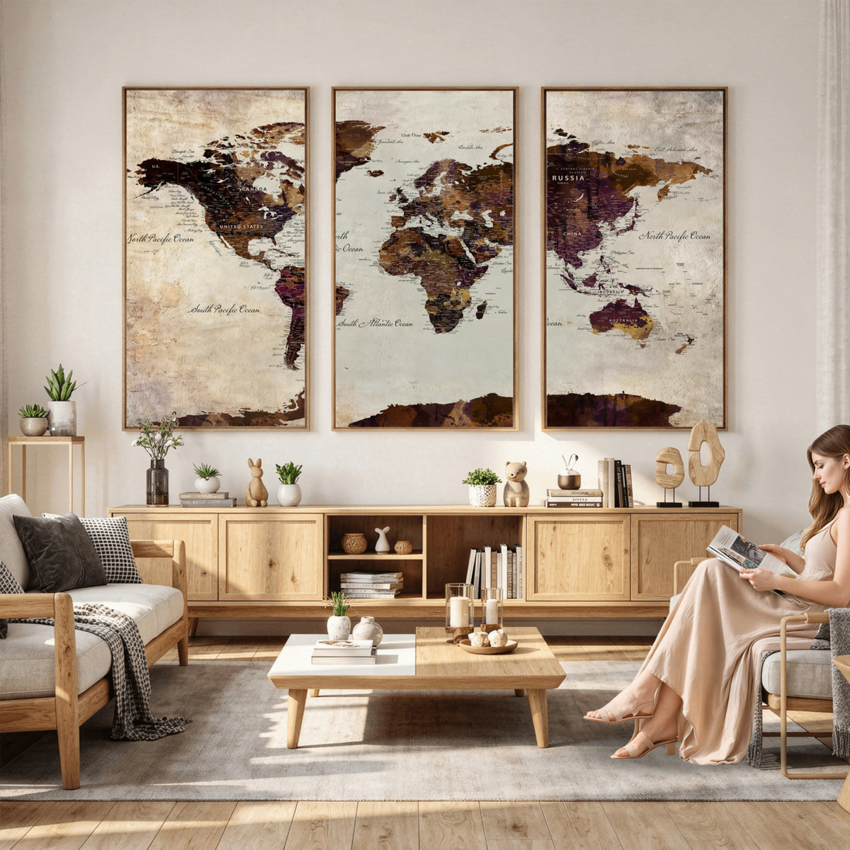50611123-MGV-CV-36X24 - World Map Canvas Triptych | Colorful Global Wall Art for Living Rooms