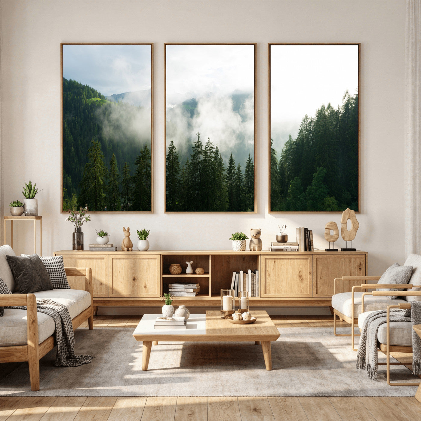 67174129-MGV-CV-36X24 - Misty Mountain Forest Canvas Print, Foggy Pine Trees Nature Wall Art, Framed Canvas Ready to Hang