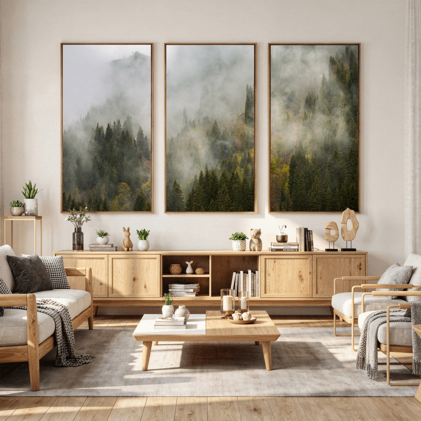 31152954-MGV-CV-36X24 - Misty Mountain Forest Canvas Print, Foggy Pine Trees Nature Wall Art, Framed Canvas Ready to Hang