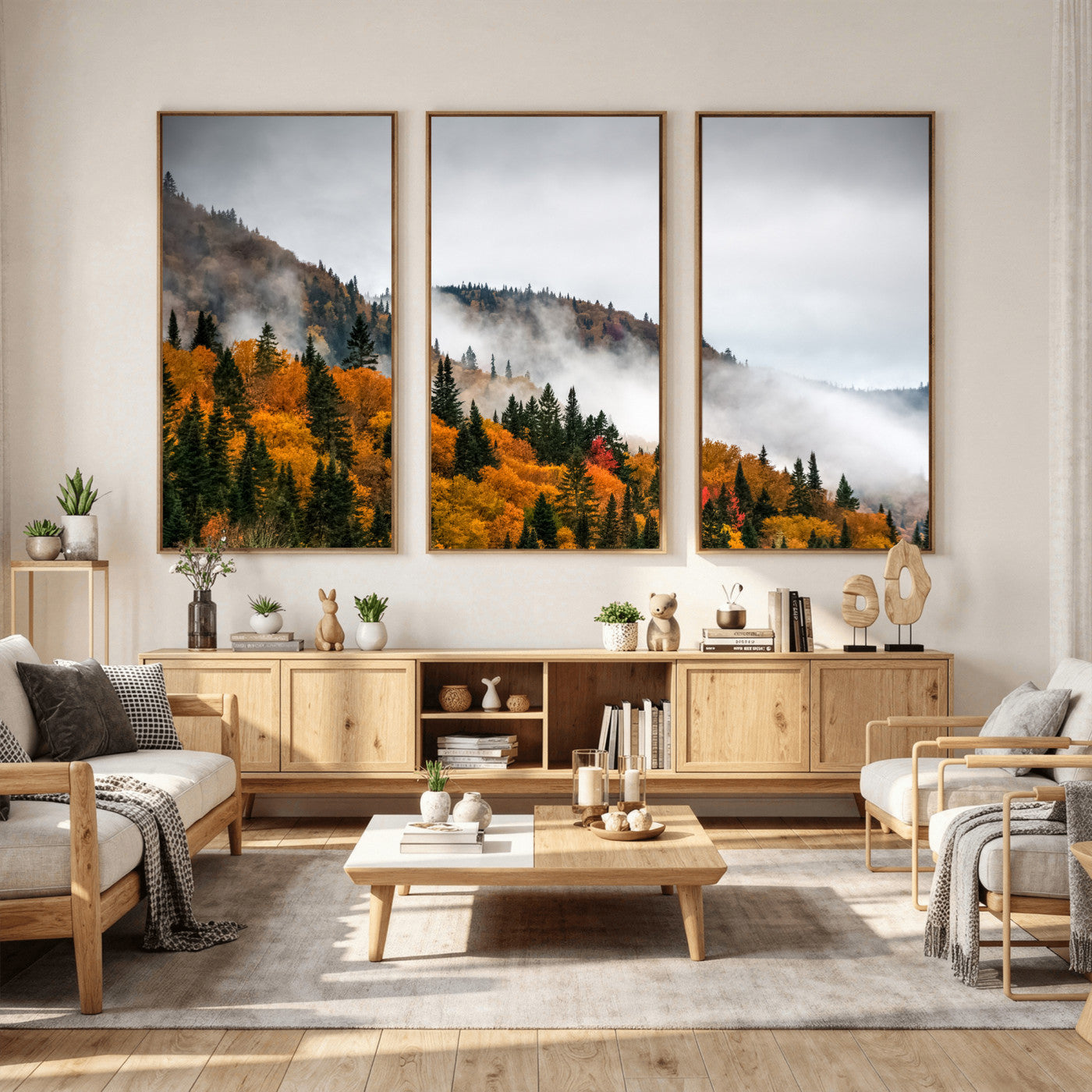 93581632-MGV-CV-36X24 - Autumn Forest Wall Art Canvas Print, Foggy Mountain Landscape Nature Photography, Framed Wall Art Ready to Hang