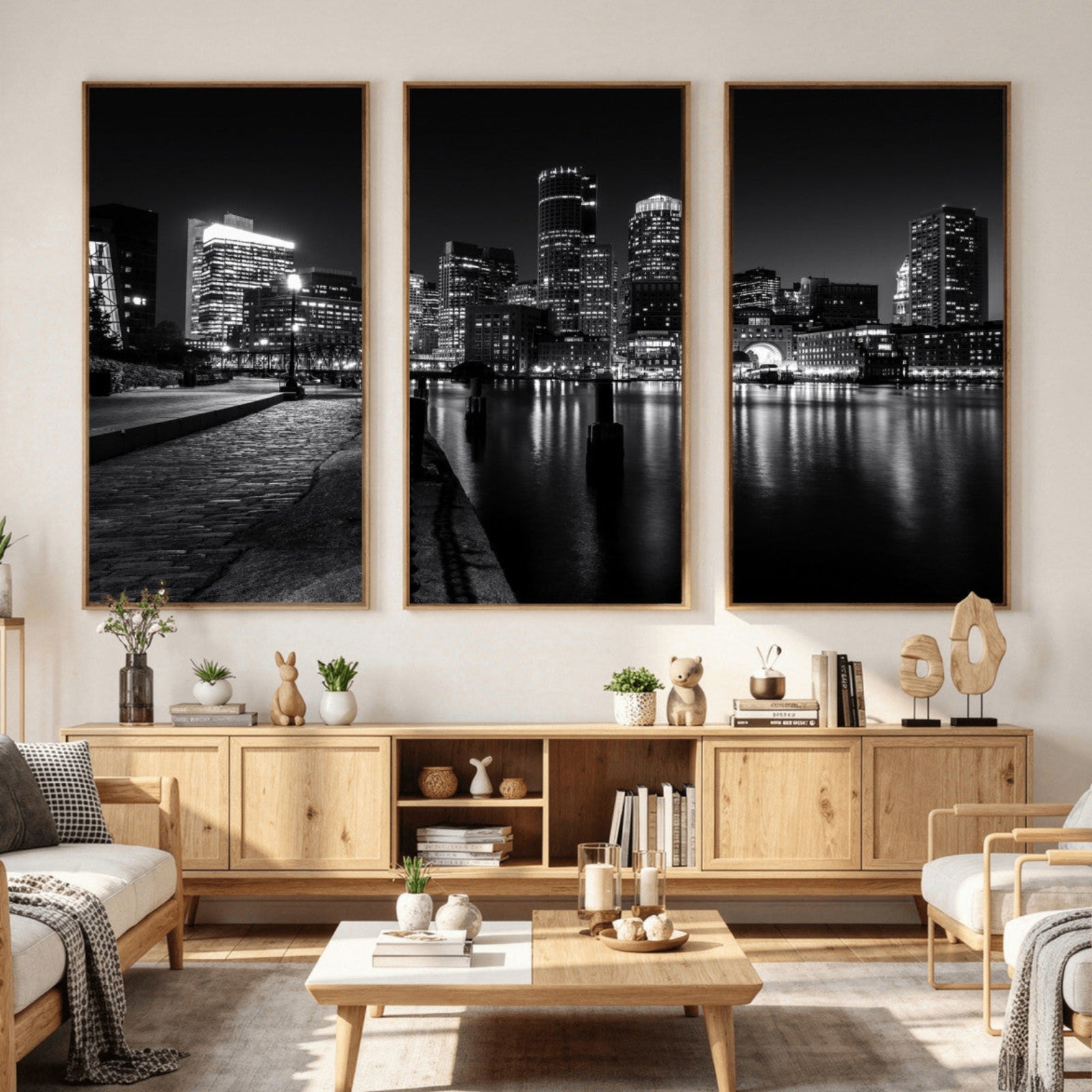 53082656-MGV-CV-36X24 - Boston Wall Art Canvas Print, Boston City Downtown Night Cityscape Print for Modern Urban Wall Decor
