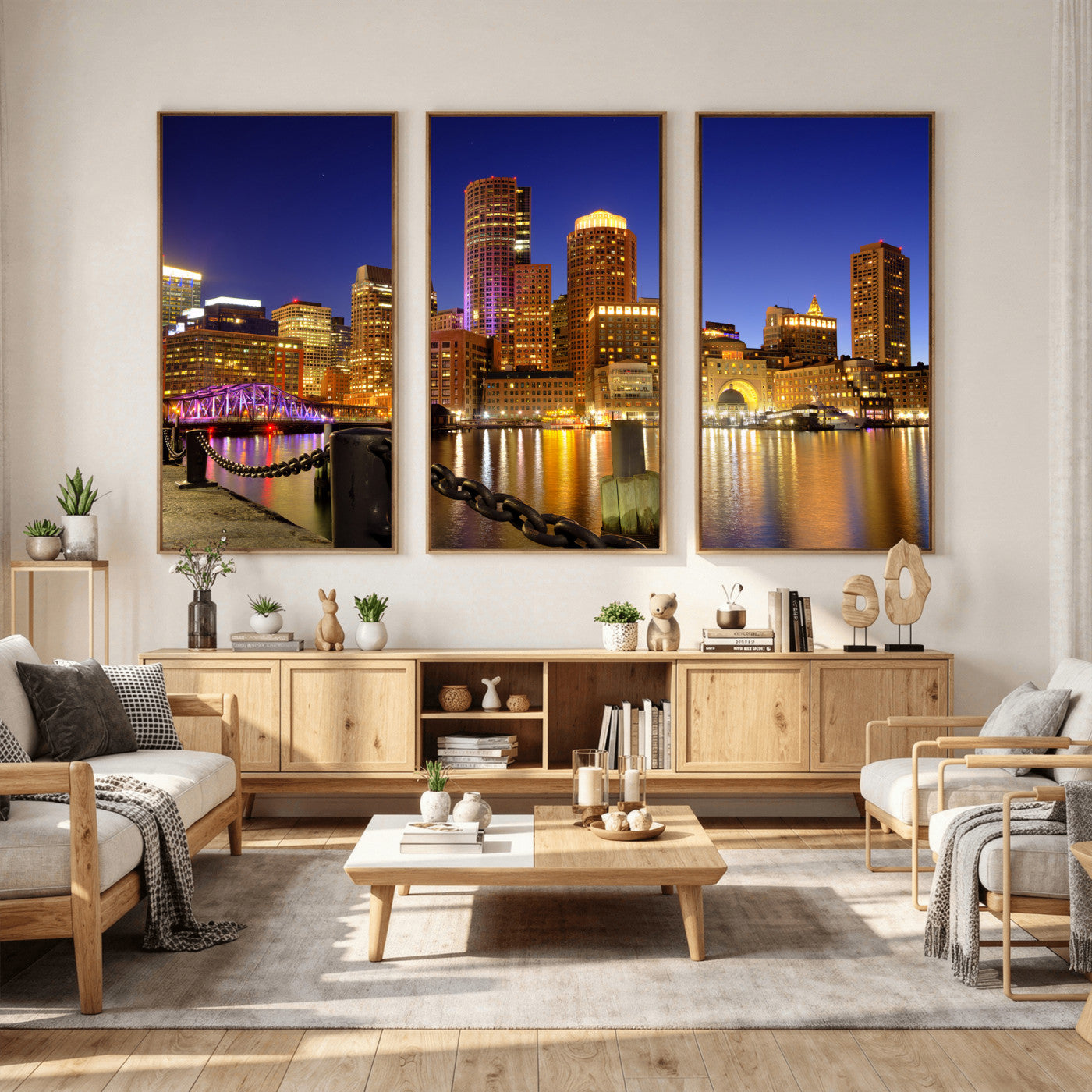 56611117-MGV-CV-36X24 - Boston Wall Art Canvas Print, Boston City Downtown Night Cityscape Print for Modern Urban Wall Decor