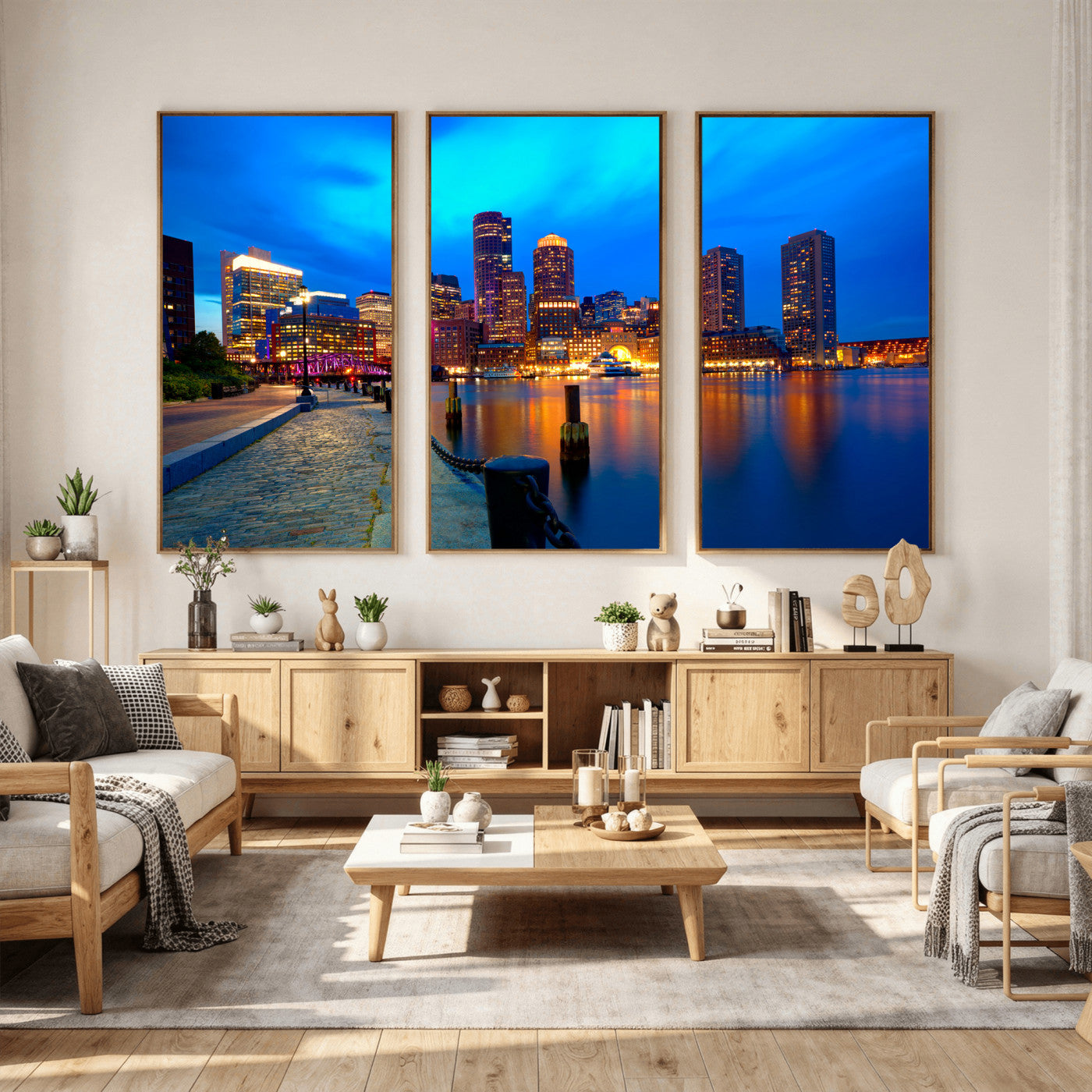 69619565-MGV-CV-36X24 - Boston Wall Art Canvas Print, Boston City Downtown Night Cityscape Print for Modern Urban Wall Decor