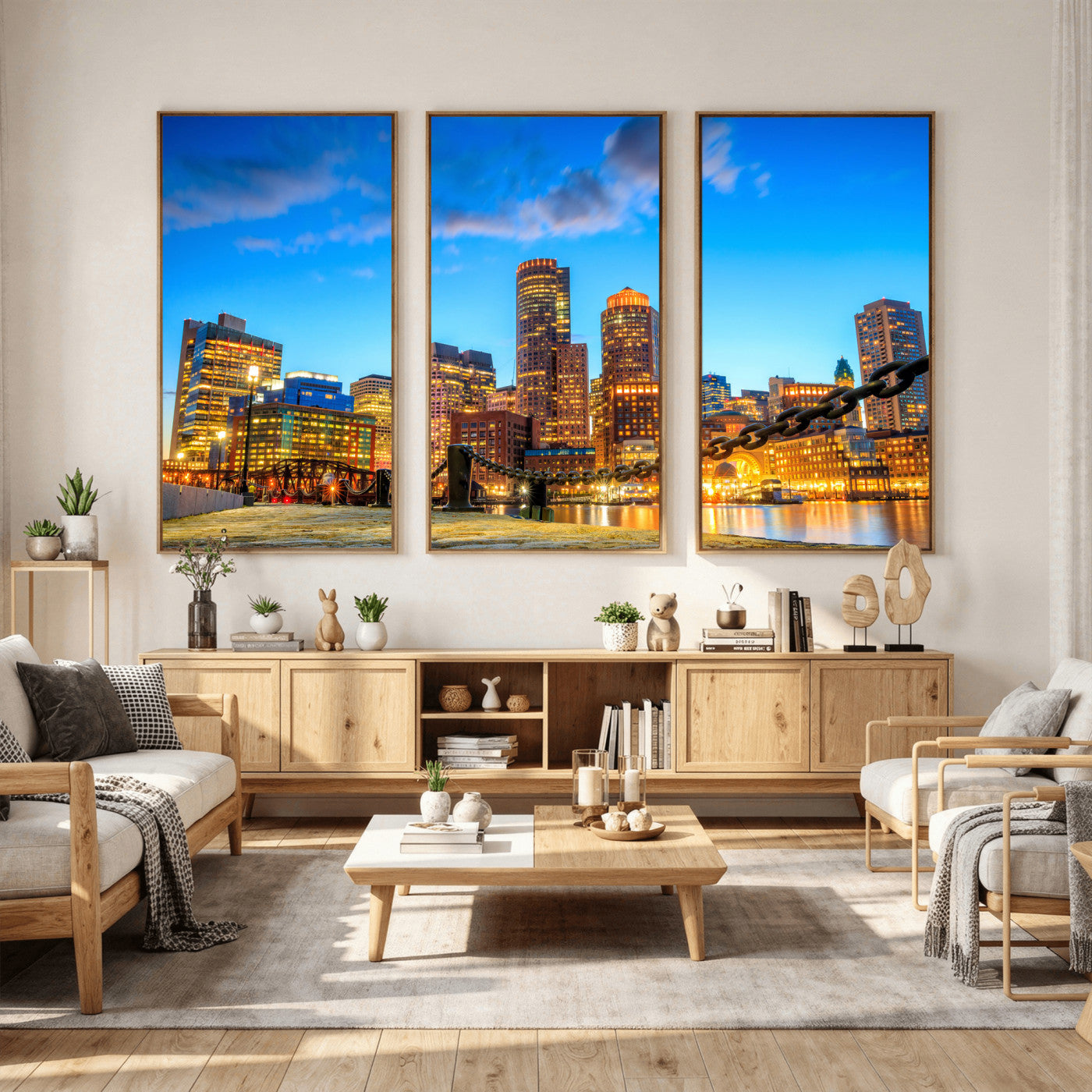 46736409-MGV-CV-36X24 - Boston Wall Art Canvas Print, Boston City Downtown Night Cityscape Print for Modern Urban Wall Decor