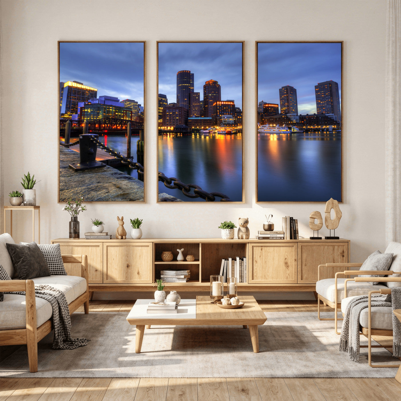 82439622-MGV-CV-36X24 - Boston Wall Art Canvas Print, Boston City Downtown Night Cityscape Print for Modern Urban Wall Decor