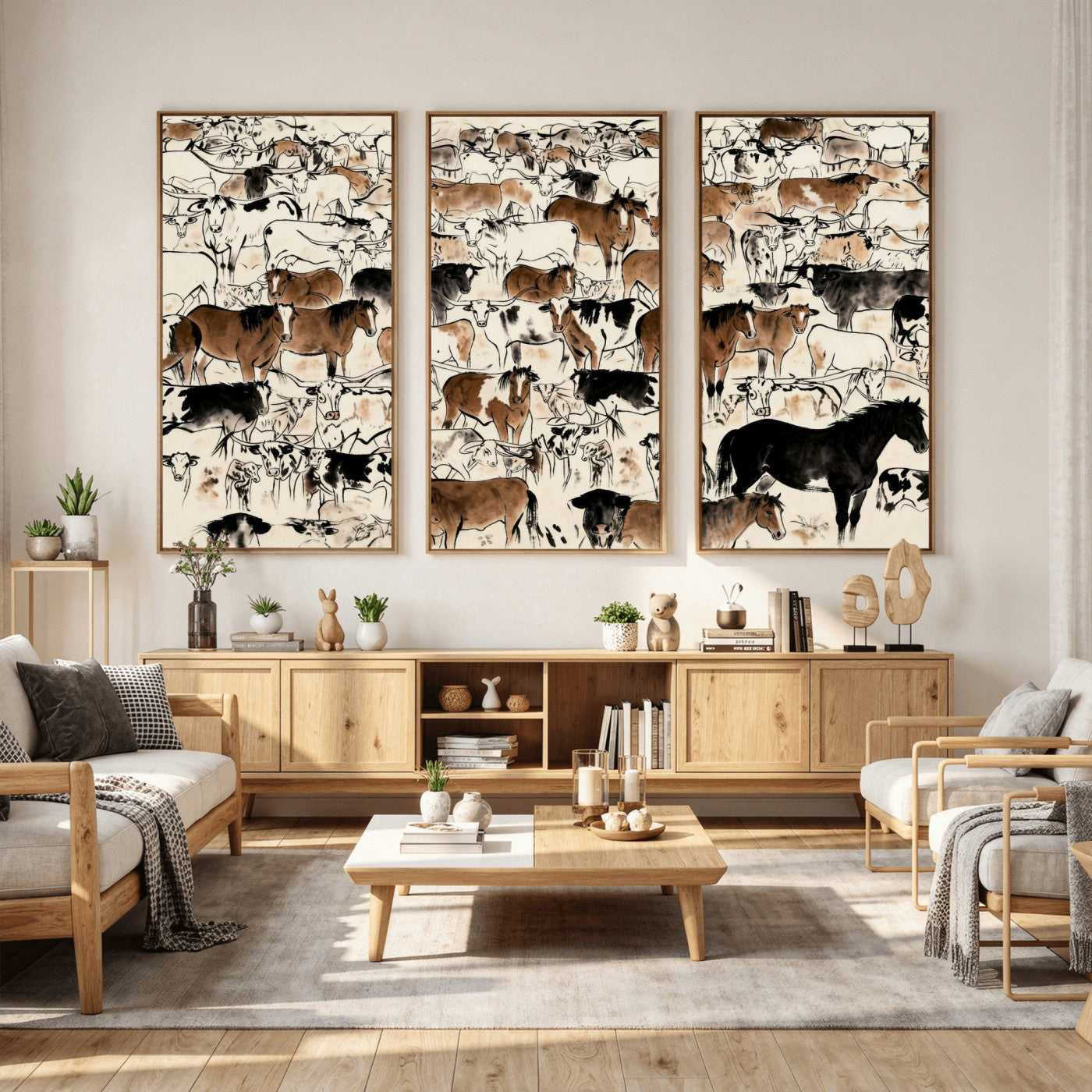 86150485-MGV-CV-36X24 - Farmhouse Animals Wall Art Canvas Print - Abstract Farm Animal Drawing Mid-Century Wall Art for Cabin Decor