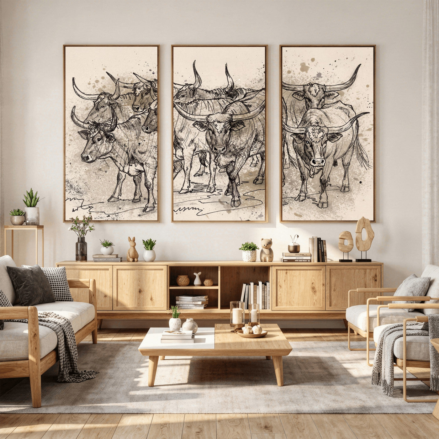 74232558-MGV-CV-36X24 - Farmhouse Animals Wall Art Canvas Print - Abstract Farm Animal Drawing Mid-Century Wall Art for Cabin Decor