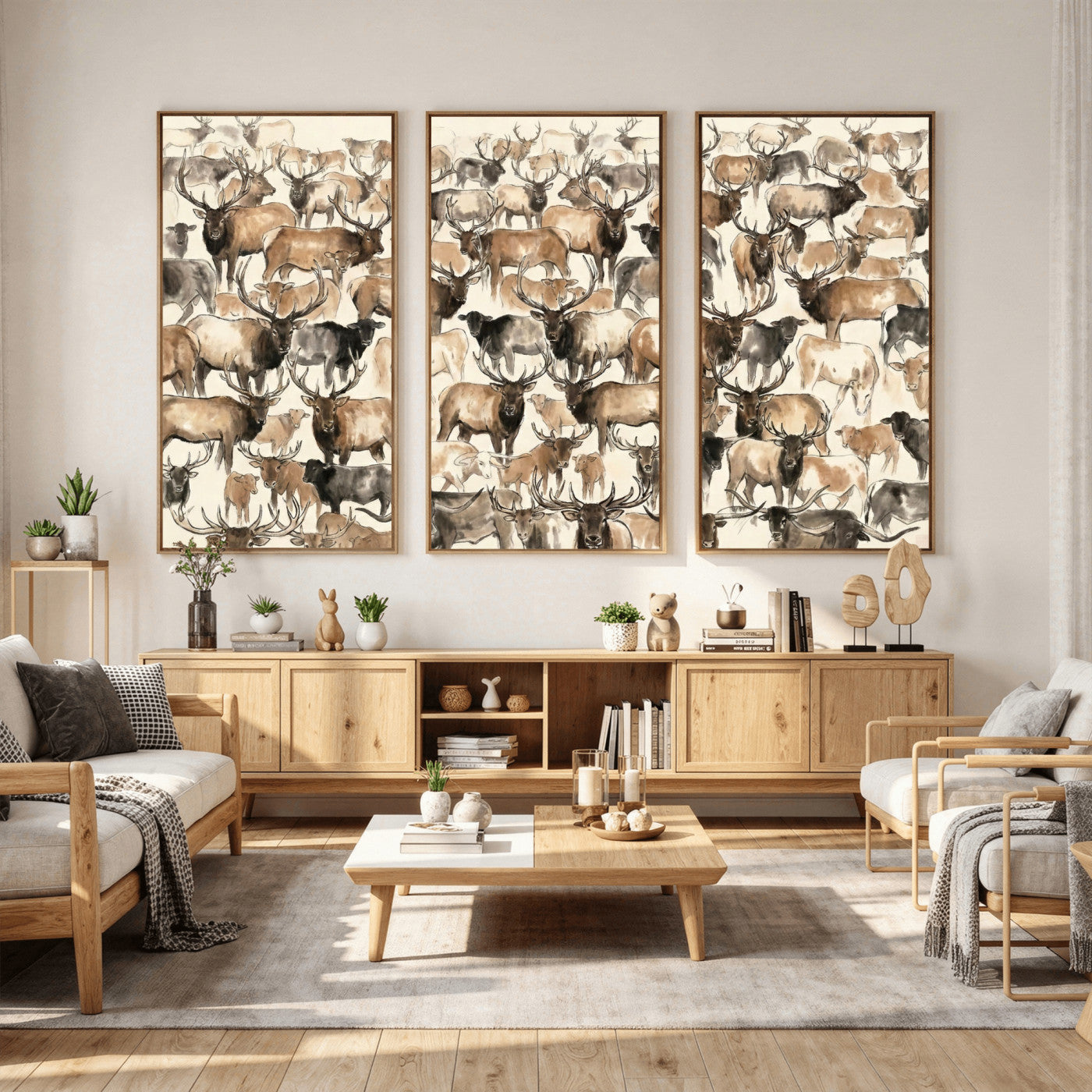 24374881-MGV-CV-36X24 - Farmhouse Animals Wall Art Canvas Print - Abstract Farm Animal Drawing Mid-Century Wall Art for Cabin Decor