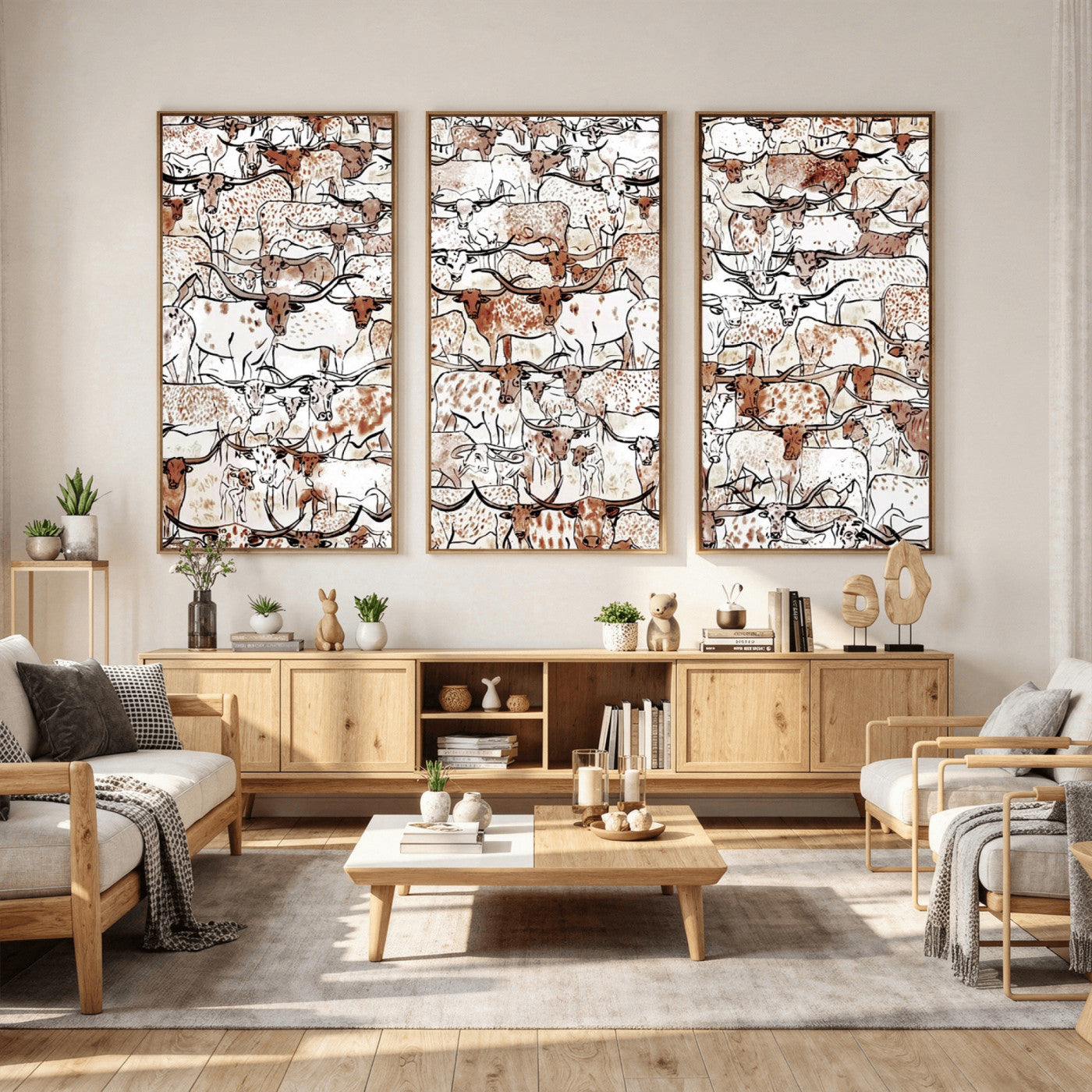 71869761-MGV-CV-36X24 - Farmhouse Animals Wall Art Canvas Print - Abstract Farm Animal Drawing Mid-Century Wall Art for Cabin Decor