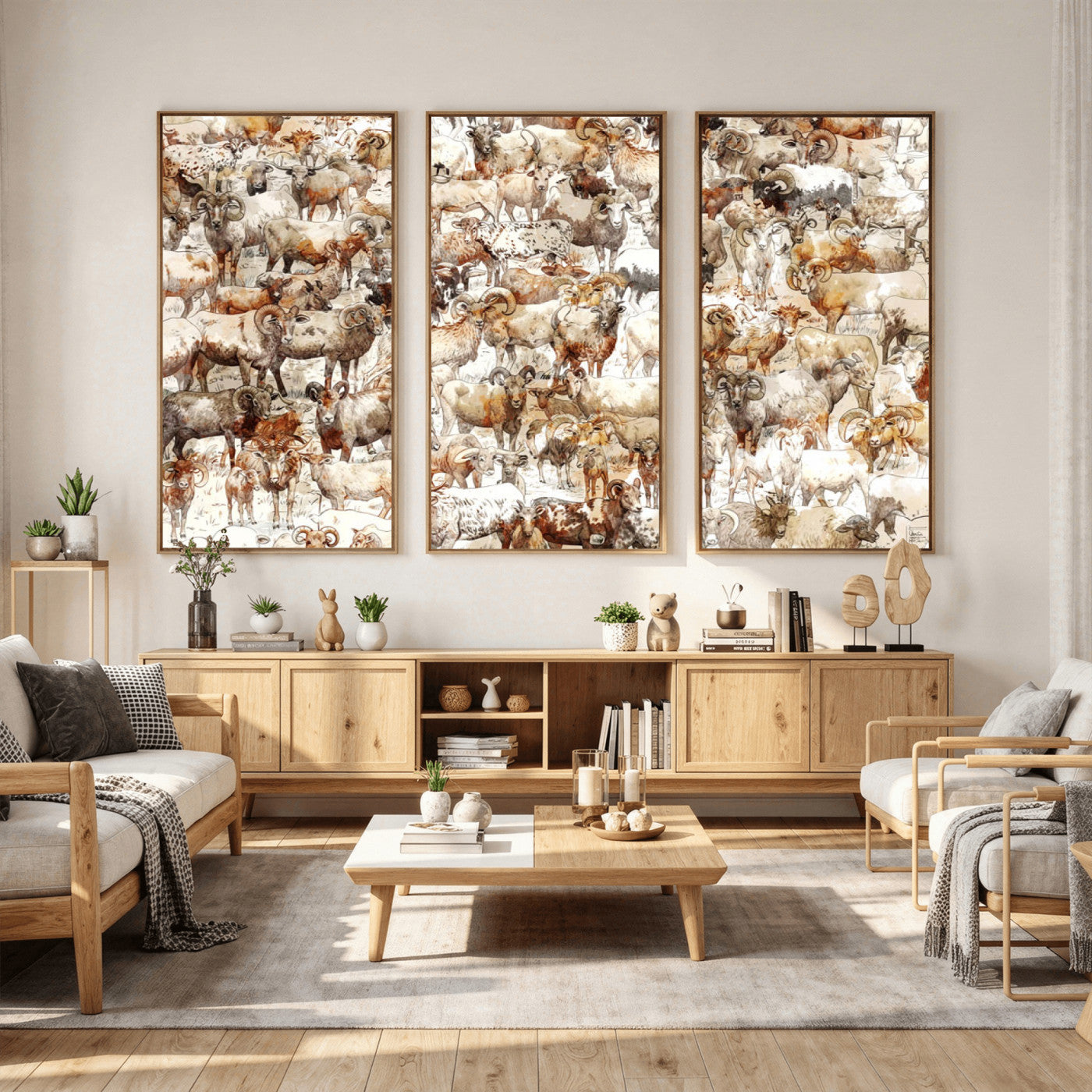 95103864-MGV-CV-36X24 - Farmhouse Animals Wall Art Canvas Print - Abstract Farm Animal Drawing Mid-Century Wall Art for Cabin Decor