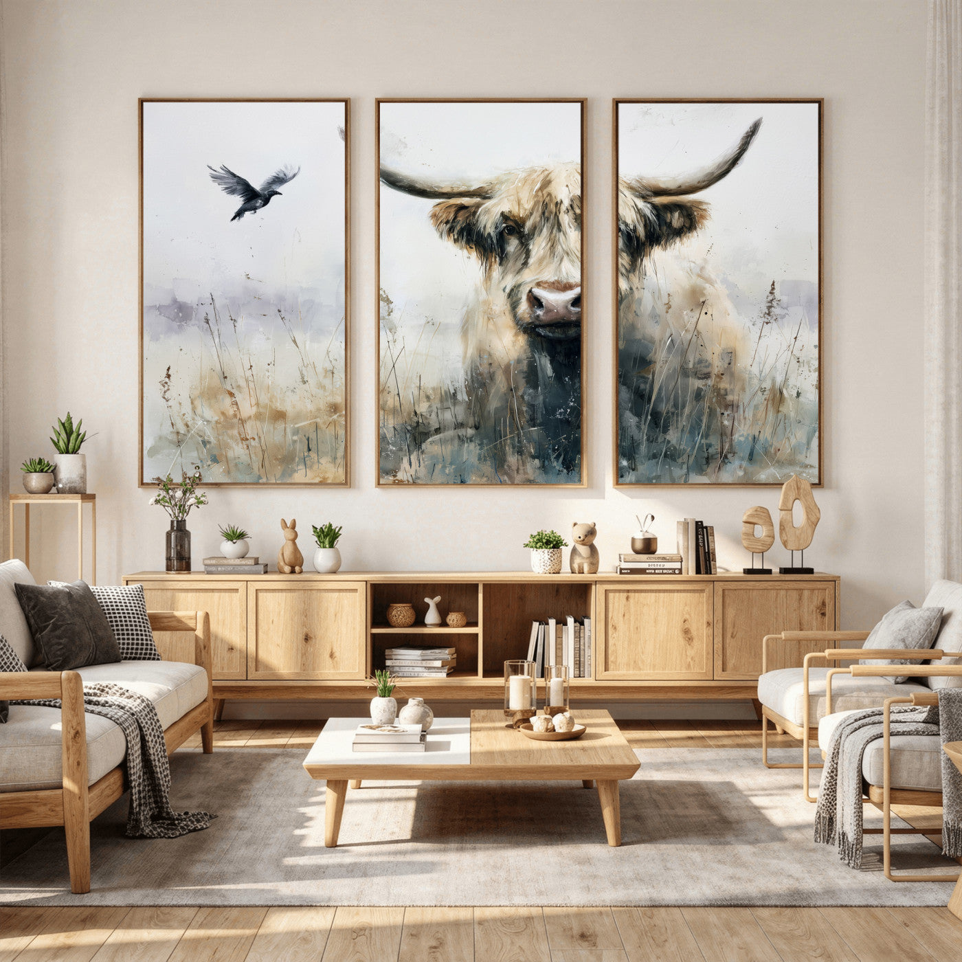 55652651-MGV-CV-36X24 - Abstract Highland Cow Watercolor Animal Wall Art Canvas Print, Rustic Farm Cattle Portrait Canvas Print, Neutral Wildlife Farmhouse Art Printing