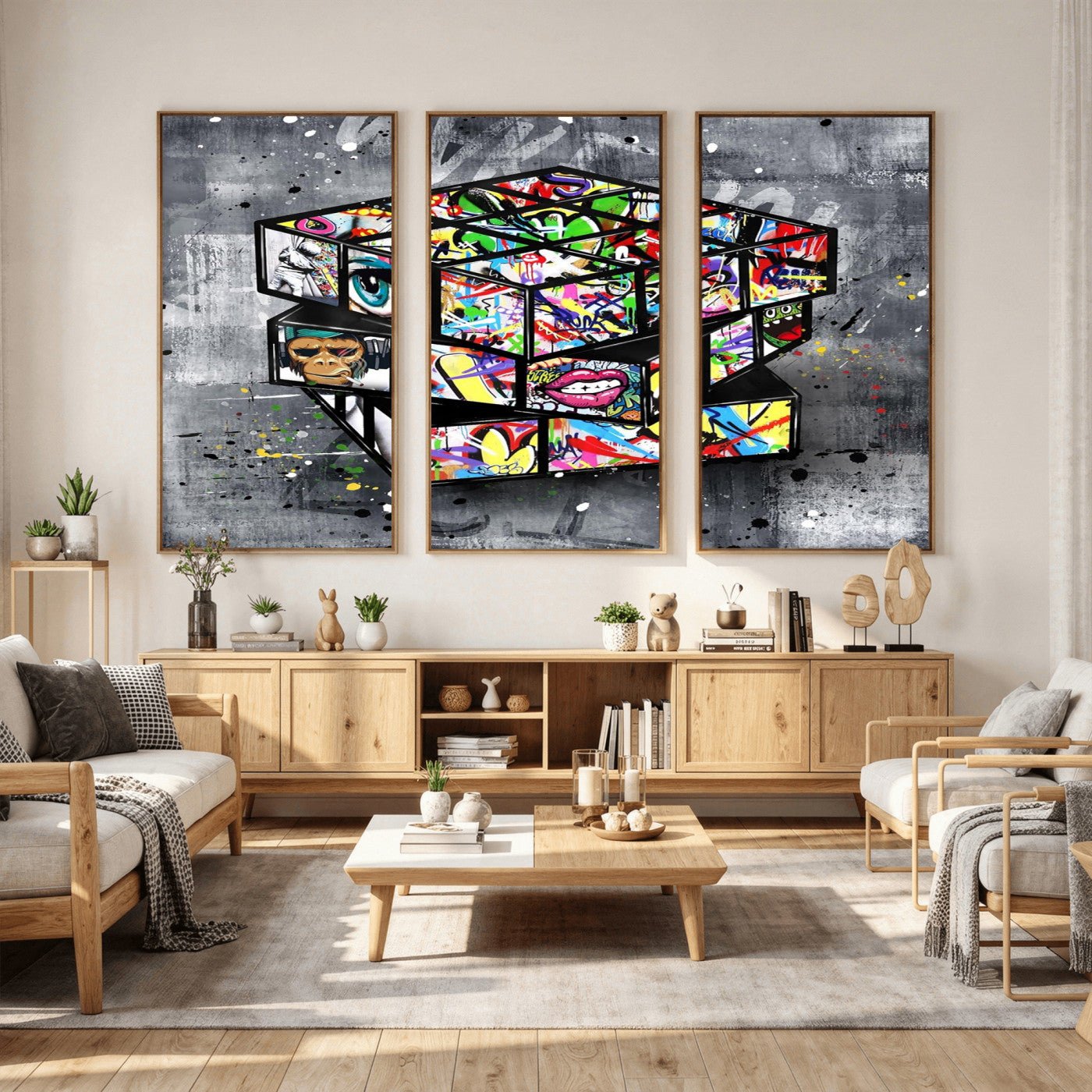 46789556-MGV-CV-36X24 - Graffiti Cube Abstract Street Art Wall Art Canvas Print, Colorful Urban Pop Art Geometric Canvas Print, Modern Street Art Contemporary Art Printing