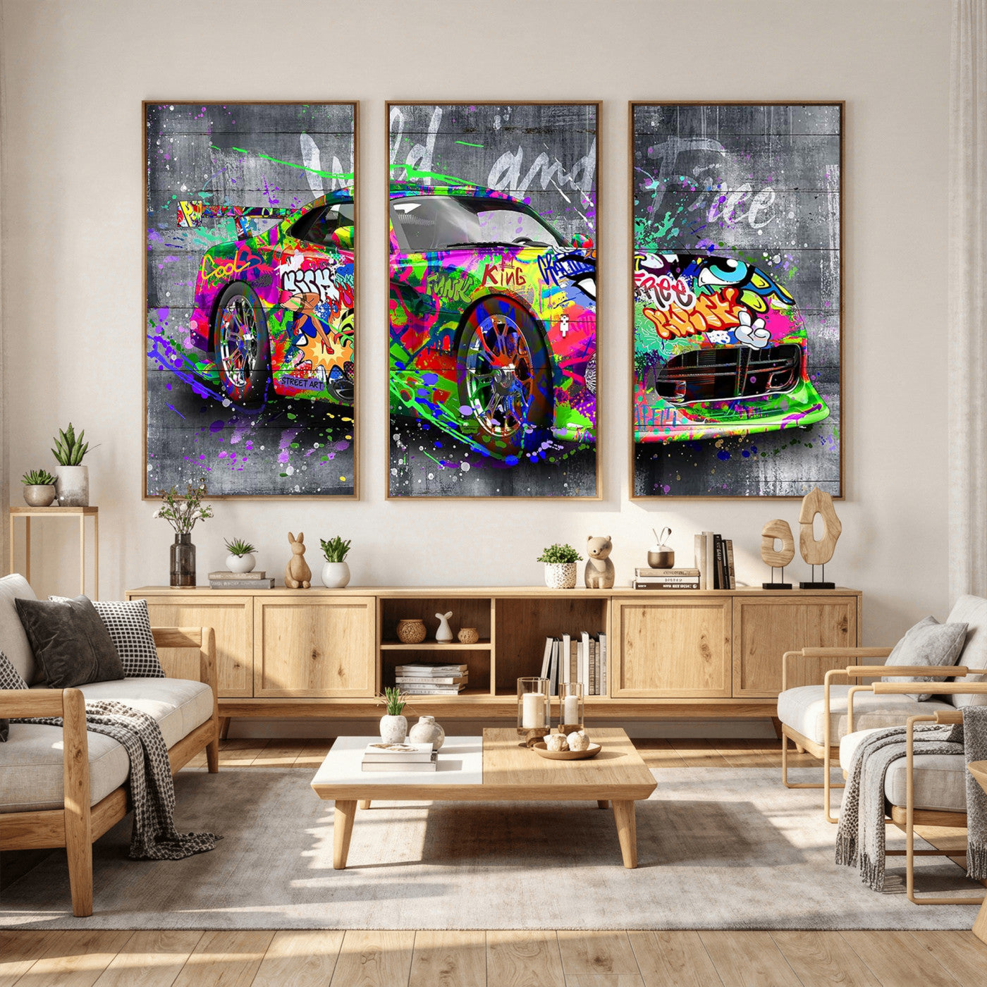 95314968-MGV-CV-36X24 - Graffiti Sports Car Street Art Wall Art Canvas Print, Colorful Urban Supercar Pop Art Canvas Print, Modern Graffiti Car Contemporary Art Printing