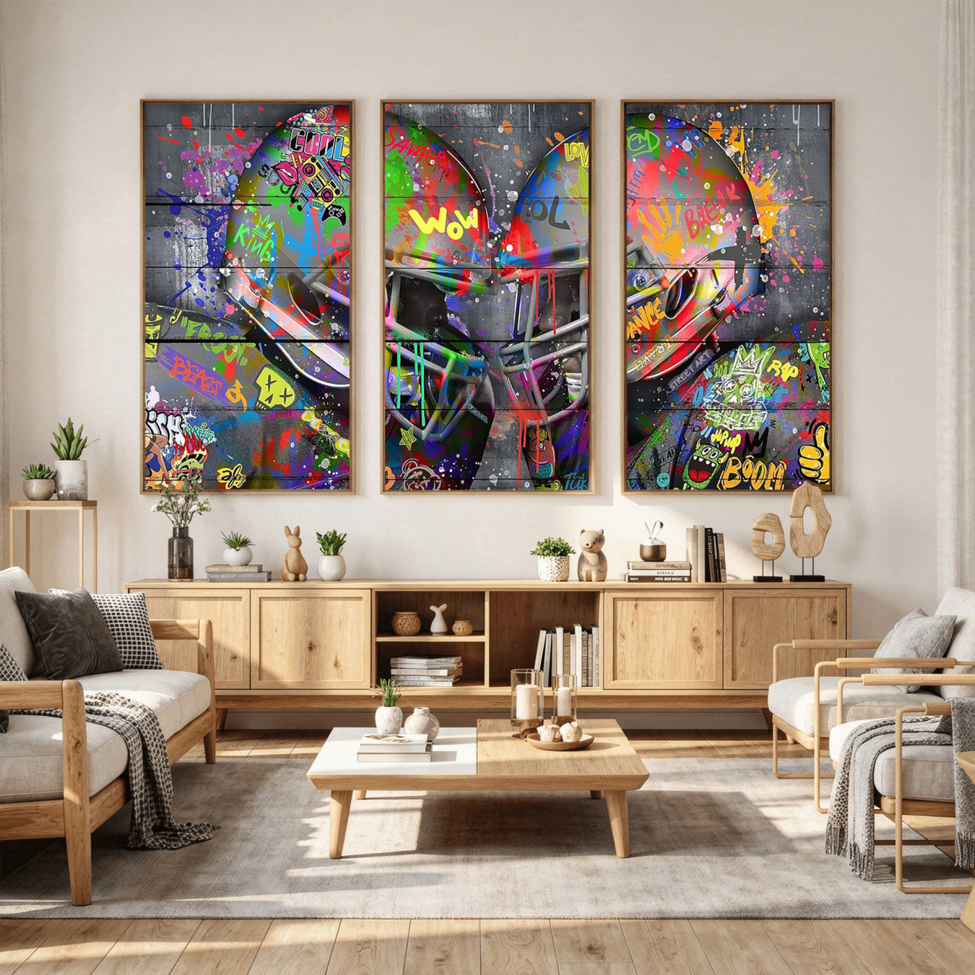 15309853-MGV-CV-36X24 - Graffiti Football Helmets Wall Art Canvas Print, Urban Street Art Sports Decor, Colorful American Football Graffiti Artwork