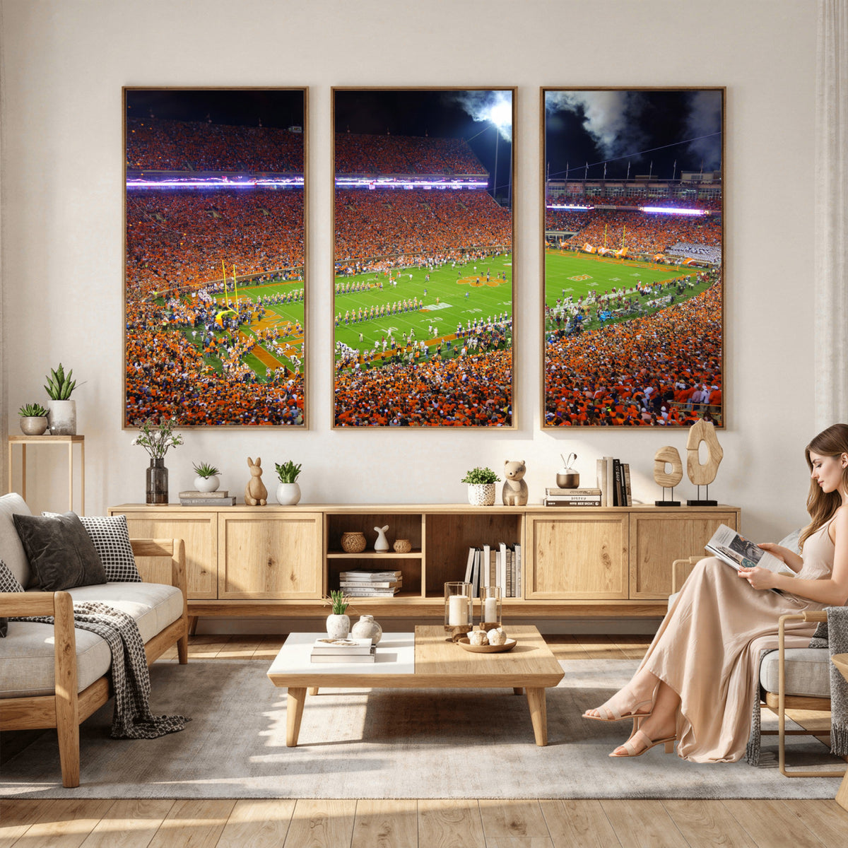 43662631-MGV-CV-36X24 - Clemson Football Stadium Wall Art Canvas Print, College Football Crowd Night Game Scene, Orange Stadium Panorama Wall Decor