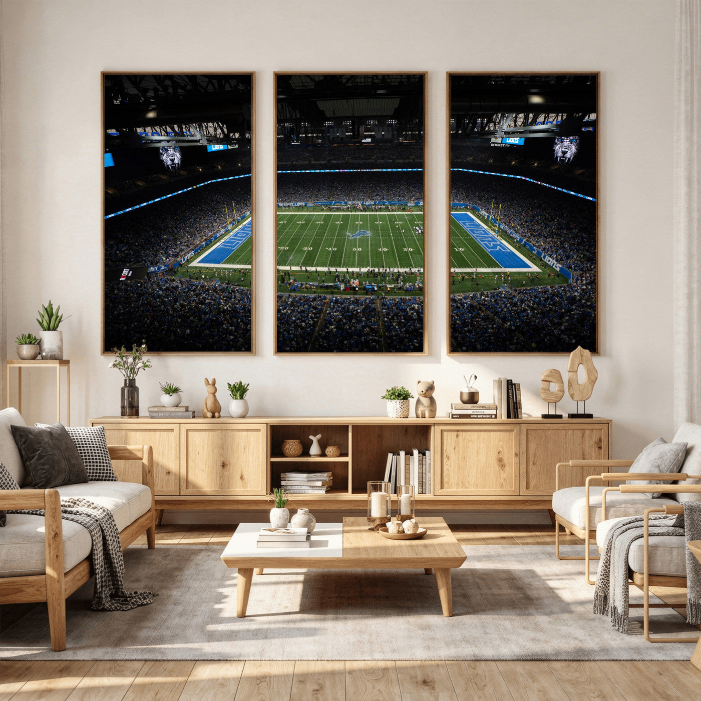 16709602-MGV-CV-36X24 - Detroit Lions Stadium Wall Art Canvas Print, Football Field Panorama Artwork, NFL Game Night Stadium Decor