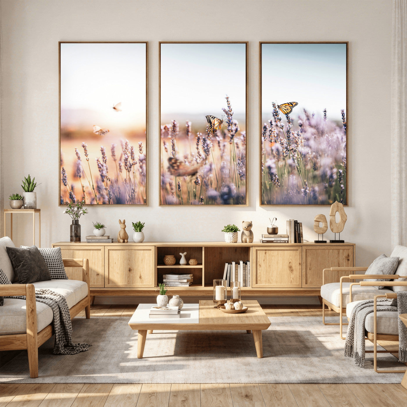 46417478-MGV-CV-36X24 - Lavender Field Wall Art Canvas Print, Butterfly Floral Landscape Art, Soft Nature Wall Decor for Bedroom