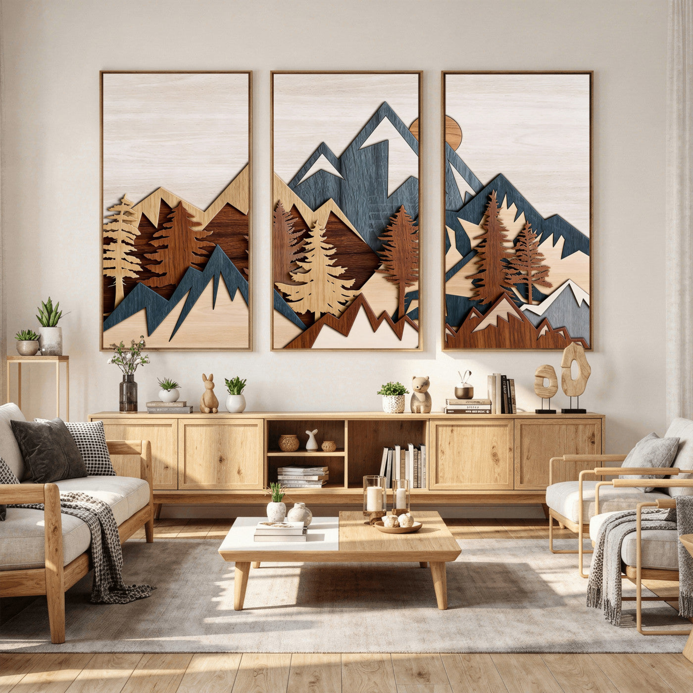 39888898-MGV-CV-36X24 - Layered Wooden Mountain Wall Art Canvas Print, Modern Rustic Forest and Pine Landscape Wall Decor