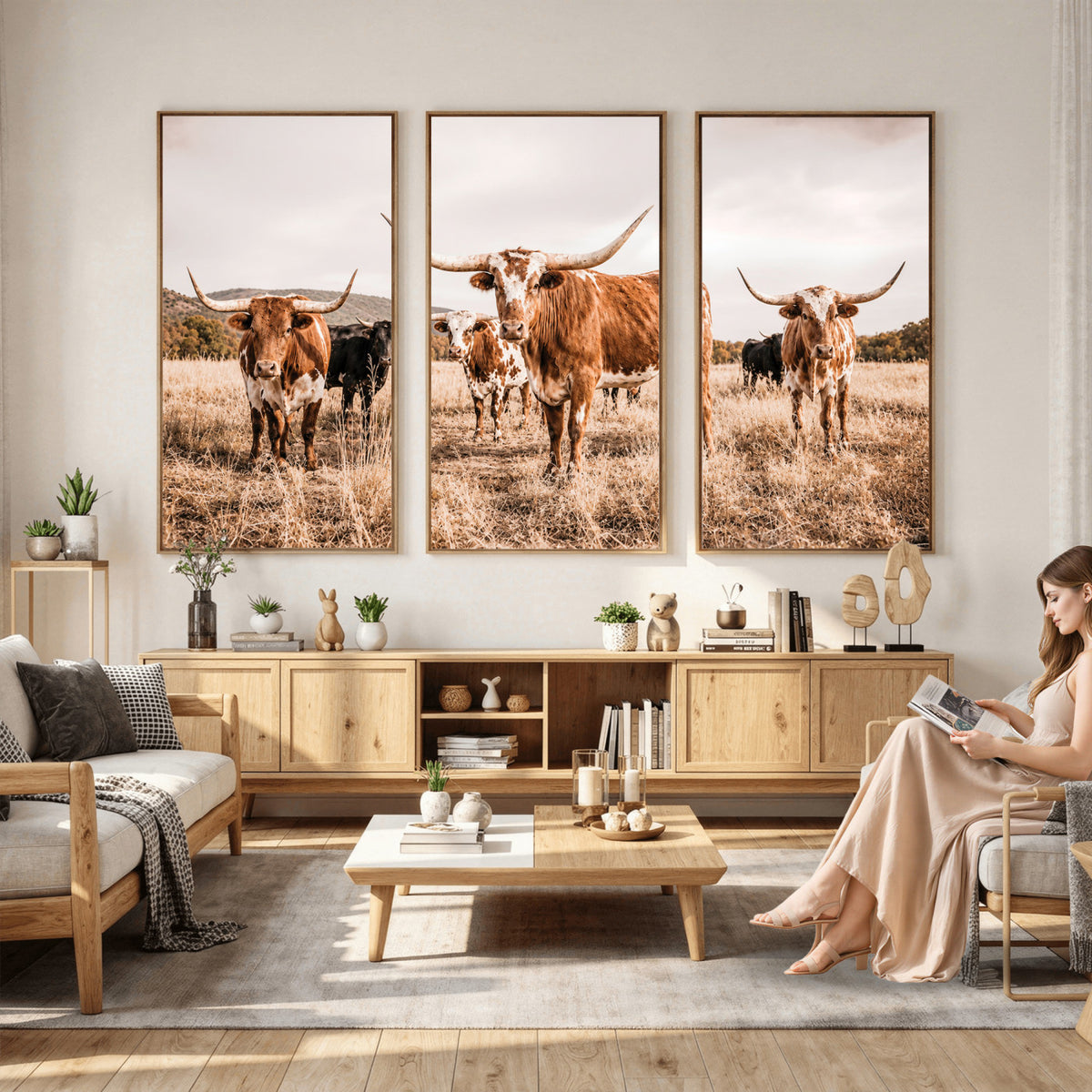 27539727-MGV-CV-36X24 - Texas Longhorn Cattle Wall Art Canvas Print, Sepia Western Decor