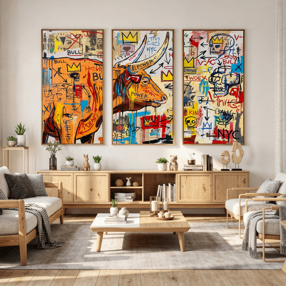 Basquiat Style Bull Graffiti Wall Art Canvas Print, Street Art Decor
