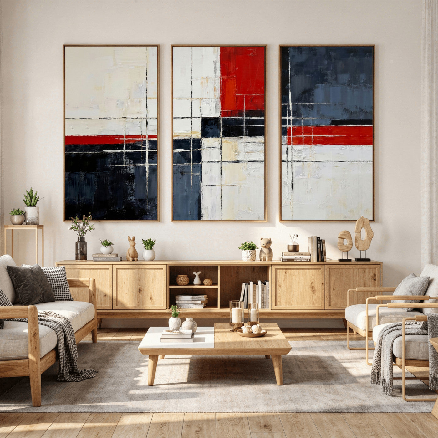 44088165-MGV-CV-36X24 - Navy Red Abstract Wall Art Canvas Print, Modern Luxury Geometric Painting Wall Decor for Living Room and Office