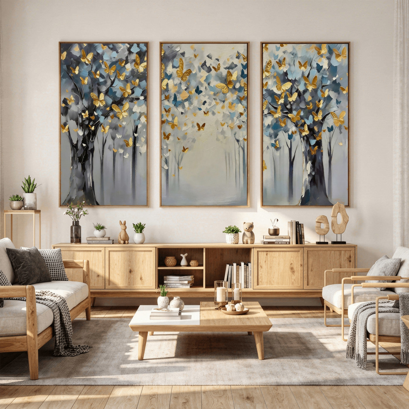 79208191-MGV-CV-36X24 - Golden Butterfly Tree Abstract Wall Art Canvas Print, Modern Elegant Nature Painting Canvas Print, Blue Gold Contemporary Floral Art Printing