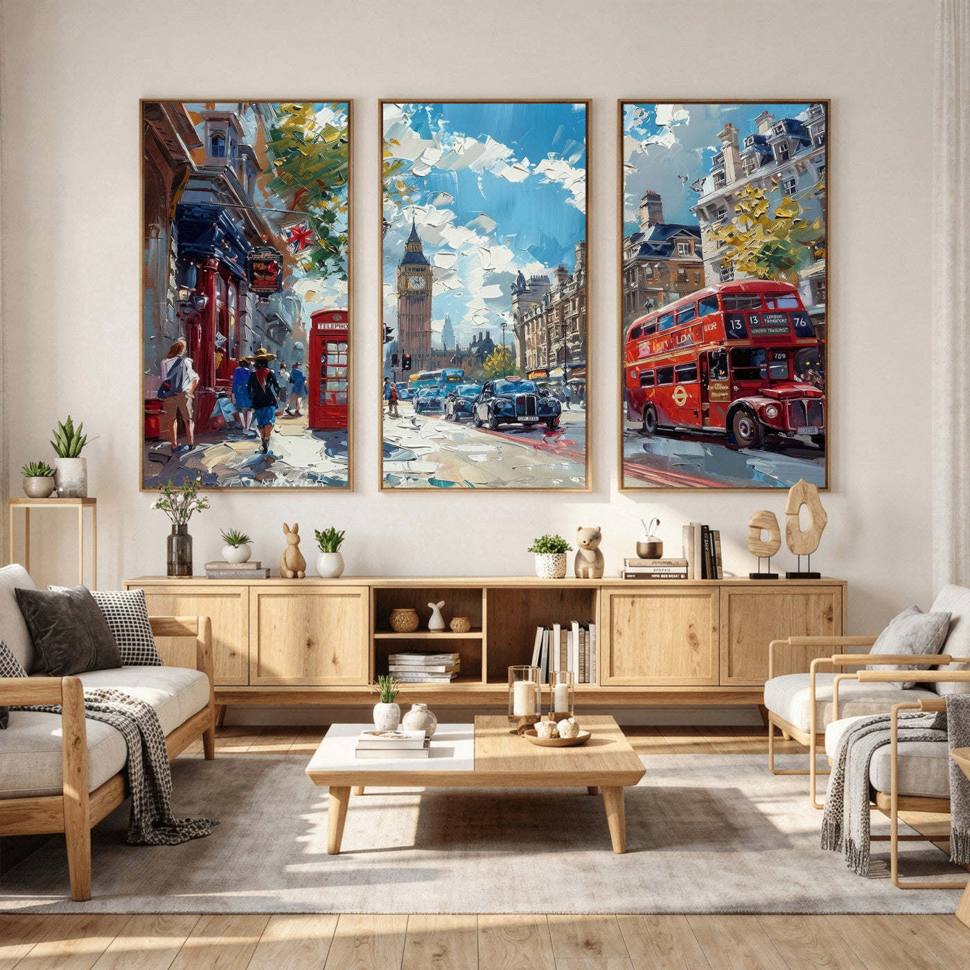 17630888-MGV-CV-36X24 - Modern London City Street Wall Art Canvas Print, Big Ben & Red Bus Artwork Canvas Print