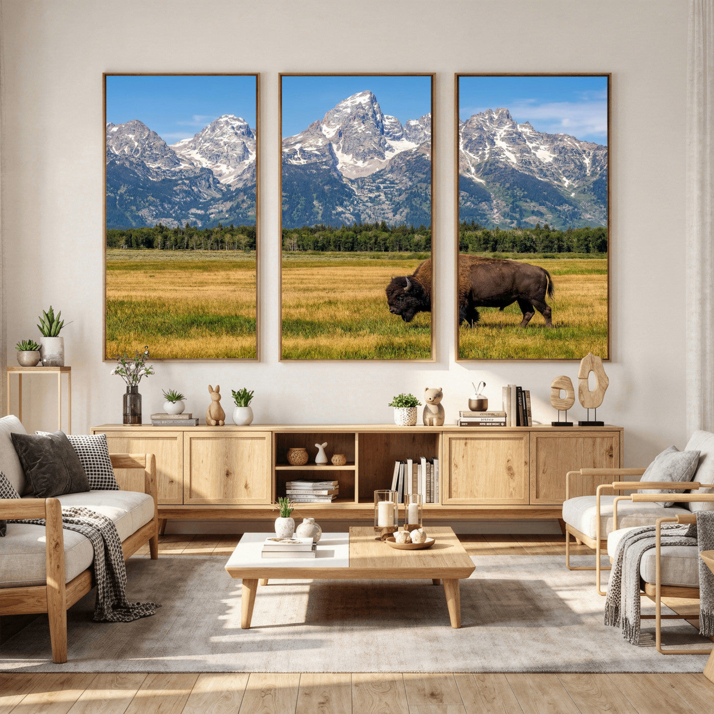 20424529-MGV-CV-36X24 - Bison in Mountain Landscape Wall Art Canvas Print – Western Wildlife Artwork for Rustic Living Room Decor